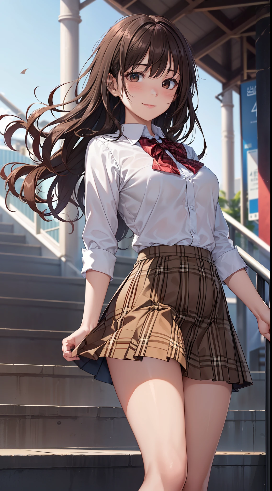 ((on the table, best quality, high resolution, north african free trade area, pixel perfect, 4K, north african trade zone, north african trade zone))), 1 girl in, single, alone, Beauty、see whole body、 ((medium wavy hair, Bangs, brown hair)), ((brown eyes, beautiful eyelashes, realistic eyes)), ((Detailed face, blush:1.2)), ((smooth texture:0.75, lifelike质感:0.65, lifelike:1.1, Anime CG style)), medium breasts, dynamic angle, Perfect body, ((red bow tie, Uniforms, , White shirt, black skirt, Plaid skirt))、Train station stairs、windy、Very embarrassing panic smile、turn around、bend forward、Looking up from the bottom of the stairs、 (The wind blows up my skirt、Touch the skirt with both hands、、you can see all the buttocks、floral)、