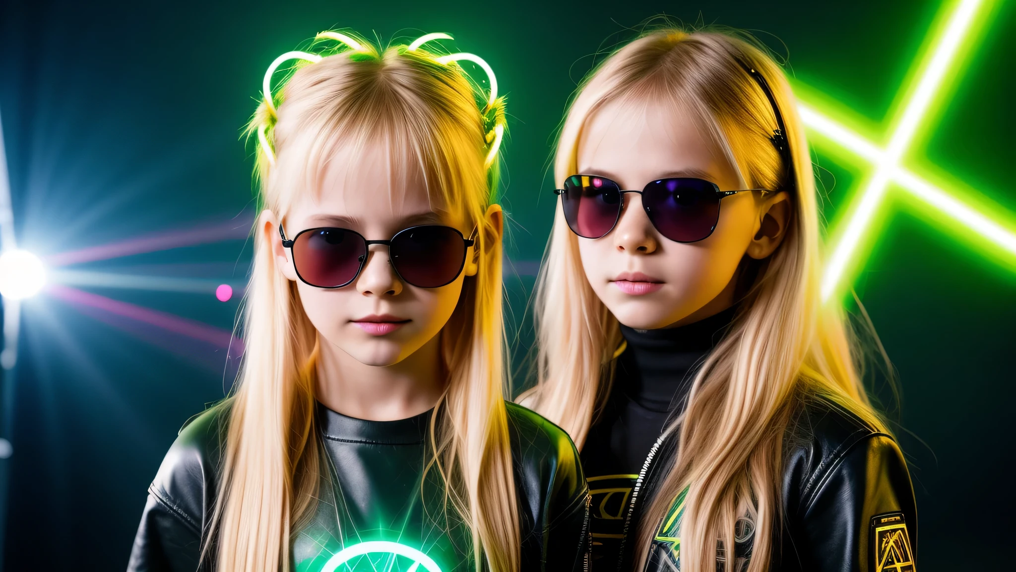 image of a kids girls blonde with sunglasses and a sign, halo on fire, heavy metal band promo, green lasers.