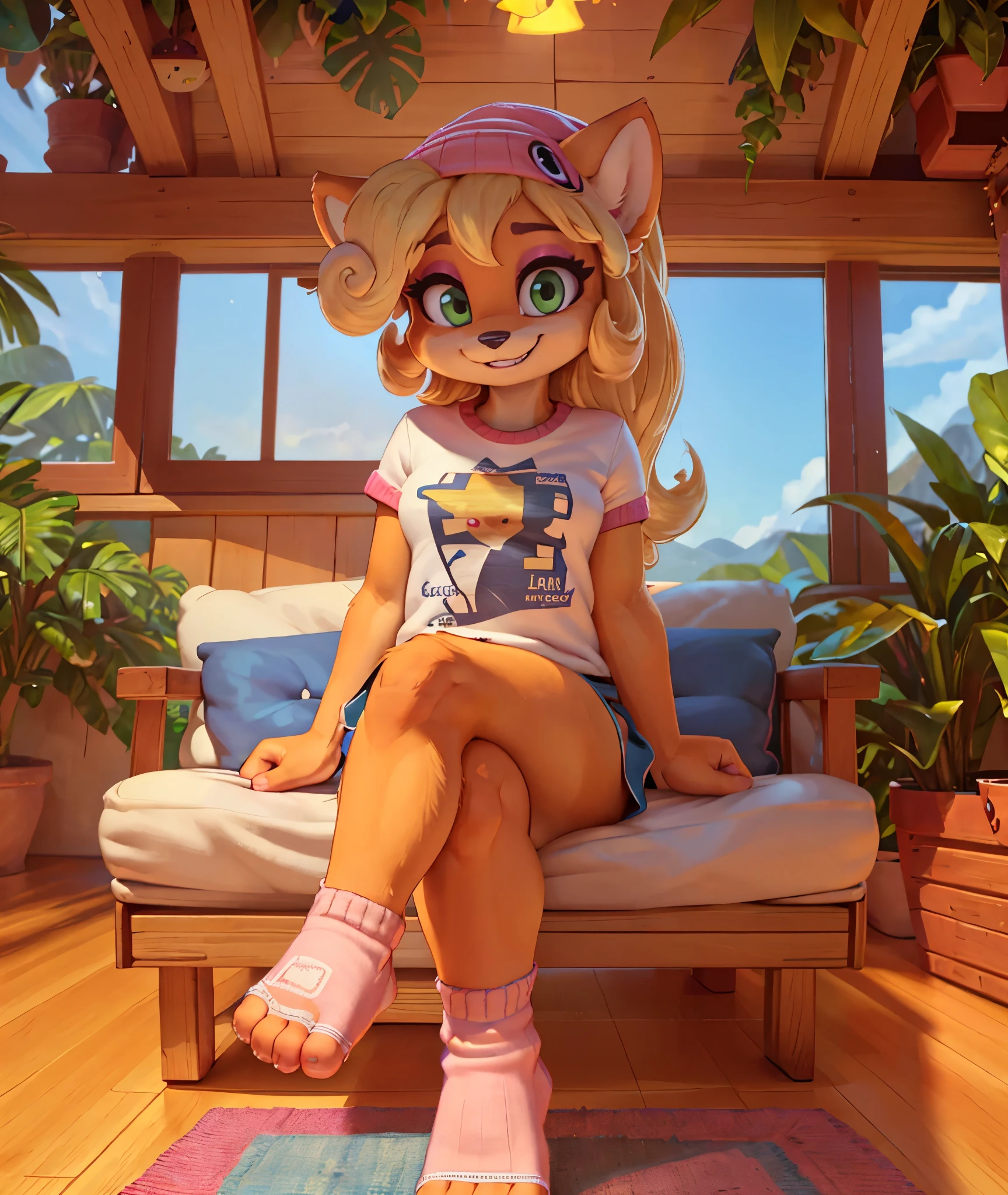 [Coco bandicoot], [Uploaded to e621.net; (Pixelsketcher), (wamudraws)], ((masterpiece)), ((HD)), ((solo portrait)), ((full body)), ((front view)), ((feet visible)), ((furry; anthro)), ((detailed fur)), ((detailed shading)), ((beautiful render art)), ((intricate details)), {anthro; orange fur, black nose, (cute green eyes), (short eyelashes), (pink eyeshadow), (long blonde curly hair), (curvy hips), (beautiful legs), (beautiful feet), (cute grin), (excited expression)}, {white tee shirt), (yellow star printed on shirt), (pink lounge shorts), (white socks), (toeless socks), (pink beanie)}, {(on floor), (crossed legs), (looking at viewer)}, [background; (tropical forest), (tree house), (living room), (pink beanbag), (window), (blue sky), (sun rays)]