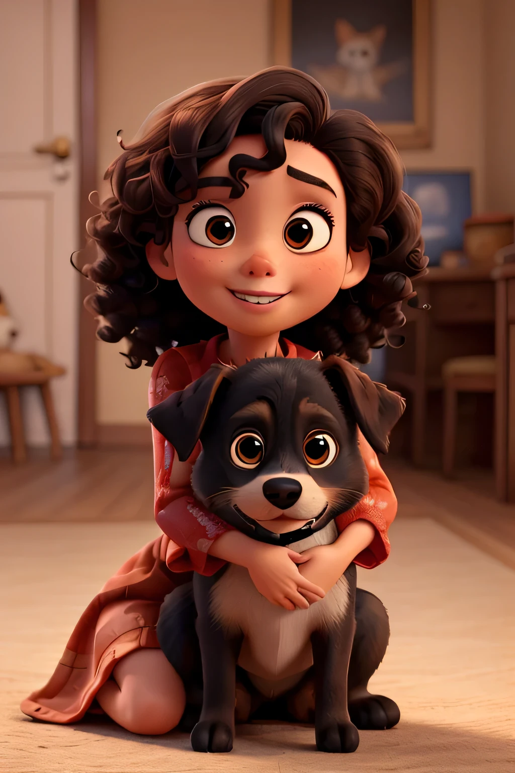 a . um com cabelo preto cacheado, Pele castanha clara, e olhos castanhos escuros. She is dressed in a beautiful red dress and warmly hugging a dog. A cena deve ser no estilo de arte digital distinto da pixar.
