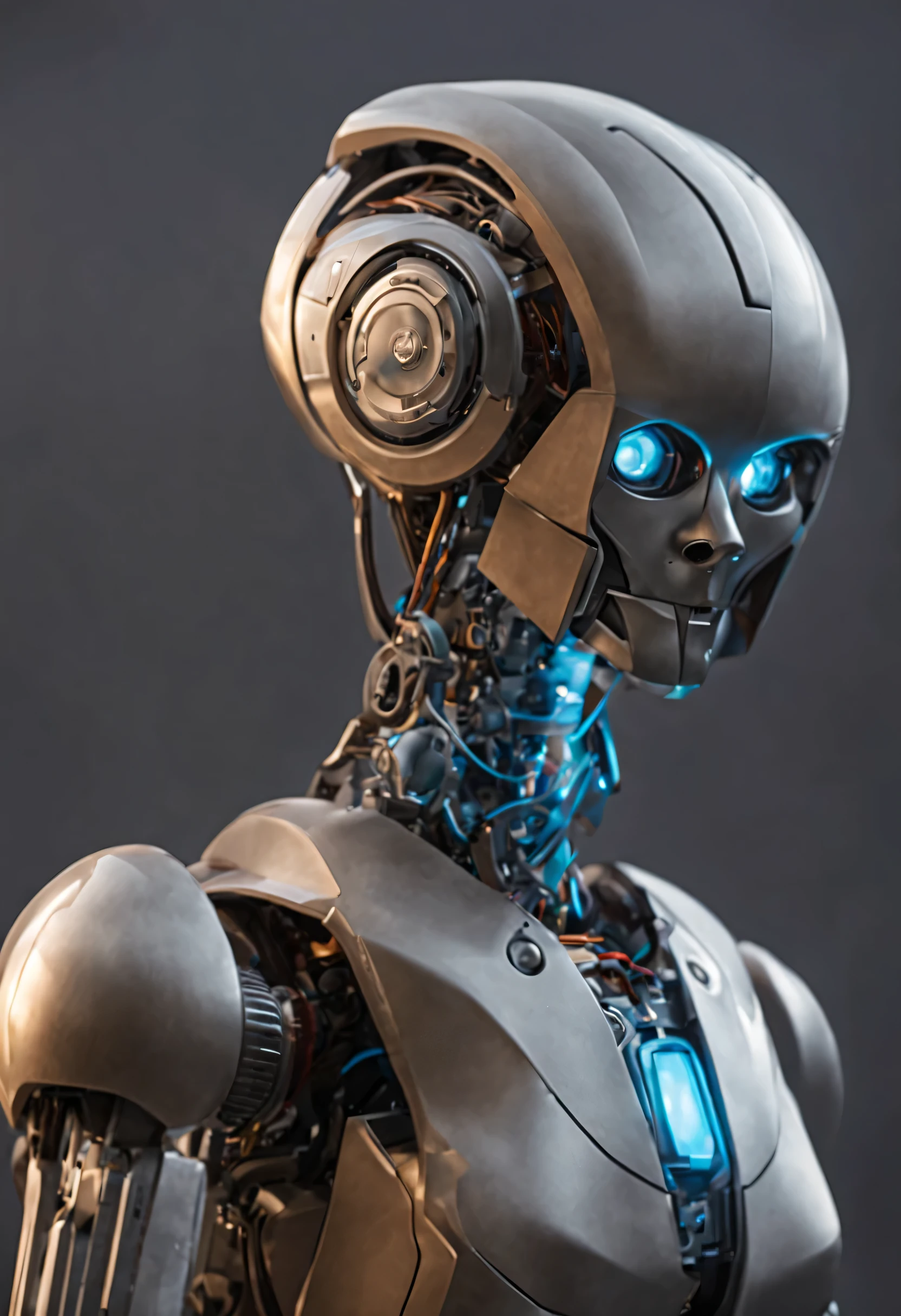 a detailed biorobot with cutting-edge technology, metallic body, glowing LED lights, sleek design, intricate circuitry and wiring, realistic mechanical joints, high-resolution sensors, advanced AI capabilities, modern and futuristic environment, professional photography, vibrant colors, dramatic lighting