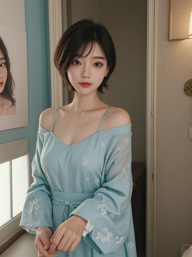 ​masterpiece、The highest image quality、hightquality、Beautuful Women、japanes、Popular Korean Makeup、detaileds、Swollen eyes、A detailed eye、Detailed skin、Beautiful skins、超A high resolution、(Realistis:1.4)、very extremely beautiful、Slightly younger face、Beautiful skins、thin-waist、(A hyper-realistic)、(illustratio)、(hight resolution)、(8K)、(ighly detailed)(The best illustrations)、(beautifully detailed eyes)、(ultra-detailliert)、(wall-paper)、(详细的脸)、looking at the viewers、fine detailed、 A detailed face、pureerosfaceace_v1、a smile、Looking straight ahead、photos realistic、Bright lighting、profetional lighting、Colorful hair color、(((very_short_hair)))、brightly lit room、painterly、picture frame