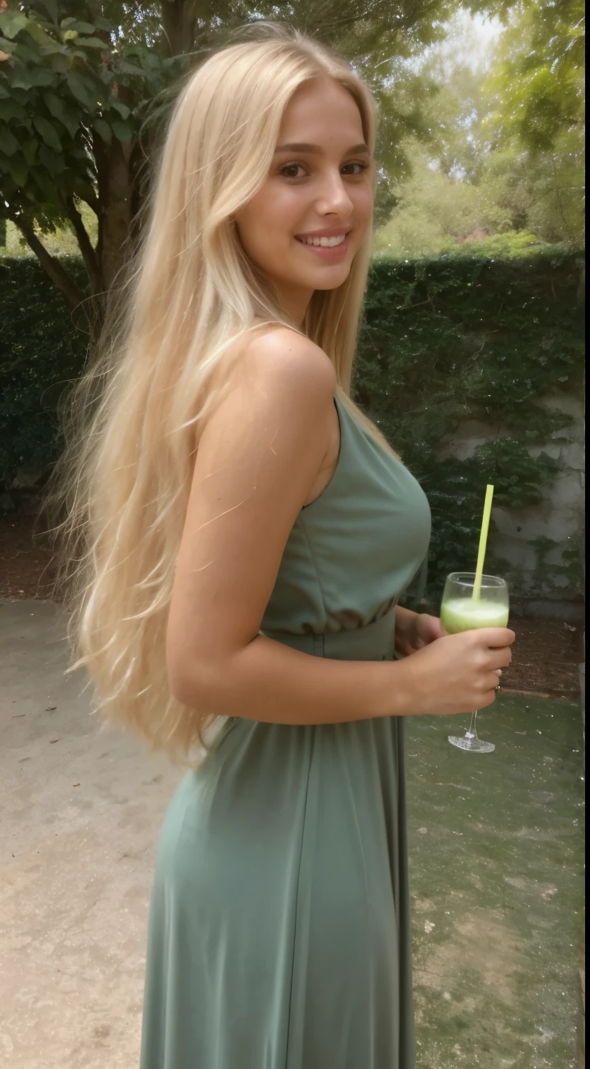 A 23-year-old blonde woman, ((pechos grandes)), ((hiperrealismo)) ,. blonde hair with light brown roots. cabello rubio, Hair with brown roots, cabello extra largo, cabello muy largo, really long hair, Beautiful, Front view, selfie, photo taken with iPhone, elegant green dress with escote, escotada, selfie in the rose garden, high quality, selfie iPhone, cleavage, huge breasts, holding sparkling mojito, shy smile, ultraHD