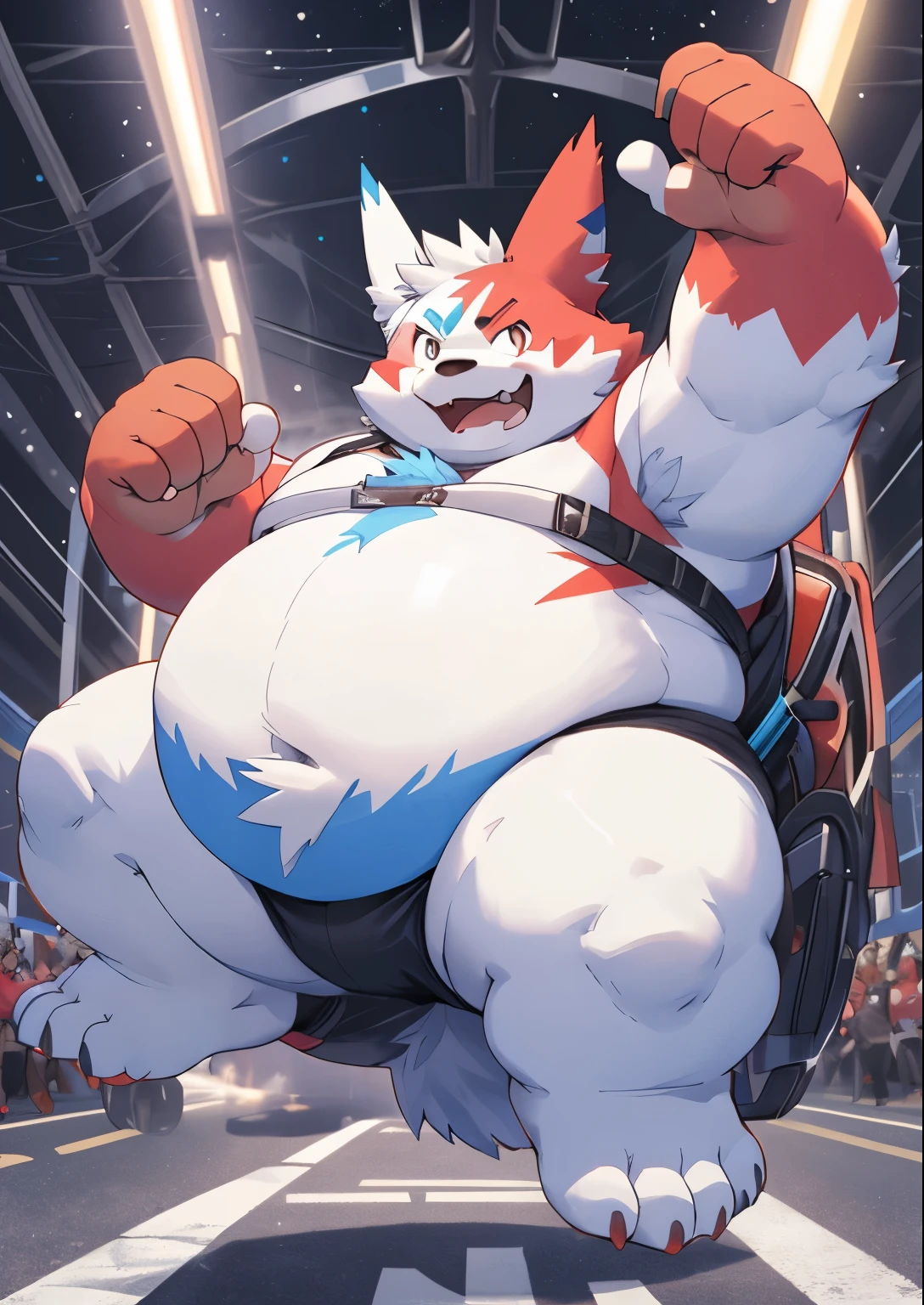 blue genitalia，solo，male people，chubbiness，small fat，Bare-chested，victory pose， solo， Detailed pubic hair， A high resolution，， tmasterpiece，Excessive obesity，Obesity in the extremities，Lift your feet，foot in the air，Correct body proportions，overweight，Zangoose，roadhog