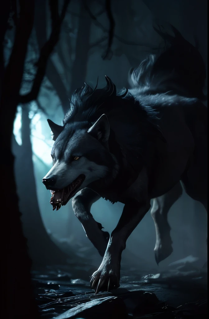 wolf with a bloody face and a large mouth full of deformed teeth running towards the viewer, conceito de criatura realista medonha, arte conceitual de criatura, projeto de criatura, arte conceitual de monstro, Fenrir, Hell dogs, arte do personagem da criatura conceitual, multiple heads, criatura assustadora, um lobo minotauro, monstro com multiplas patas, olhos espalhados pelo corpo, fantasy arte conceitual de criatura, monstro de fantasia hiper-realista, Grim - Lobo, a grotesque demon-like creature with torn skin