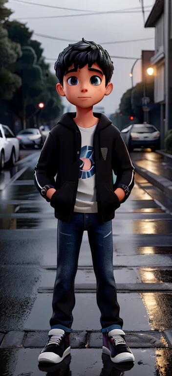 Descreva a cena de um jovem com capuz, wearing a black sweatshirt and jeans, standing on the sidewalk on a rainy night. He is looking at a shiny GTR R35 car passing on the road., Your admiration visible in your eyes. The light from the headlights reflects on the puddles of water around you, enquanto a chuva cai suavemente sobre ele. O som do motor potente ecoa no ar, misturando-se ao som da chuva. The boy remains motionless, captured by the elegance and speed of the car, dreaming of the day when you can be behind the wheel of such an impressive machine.