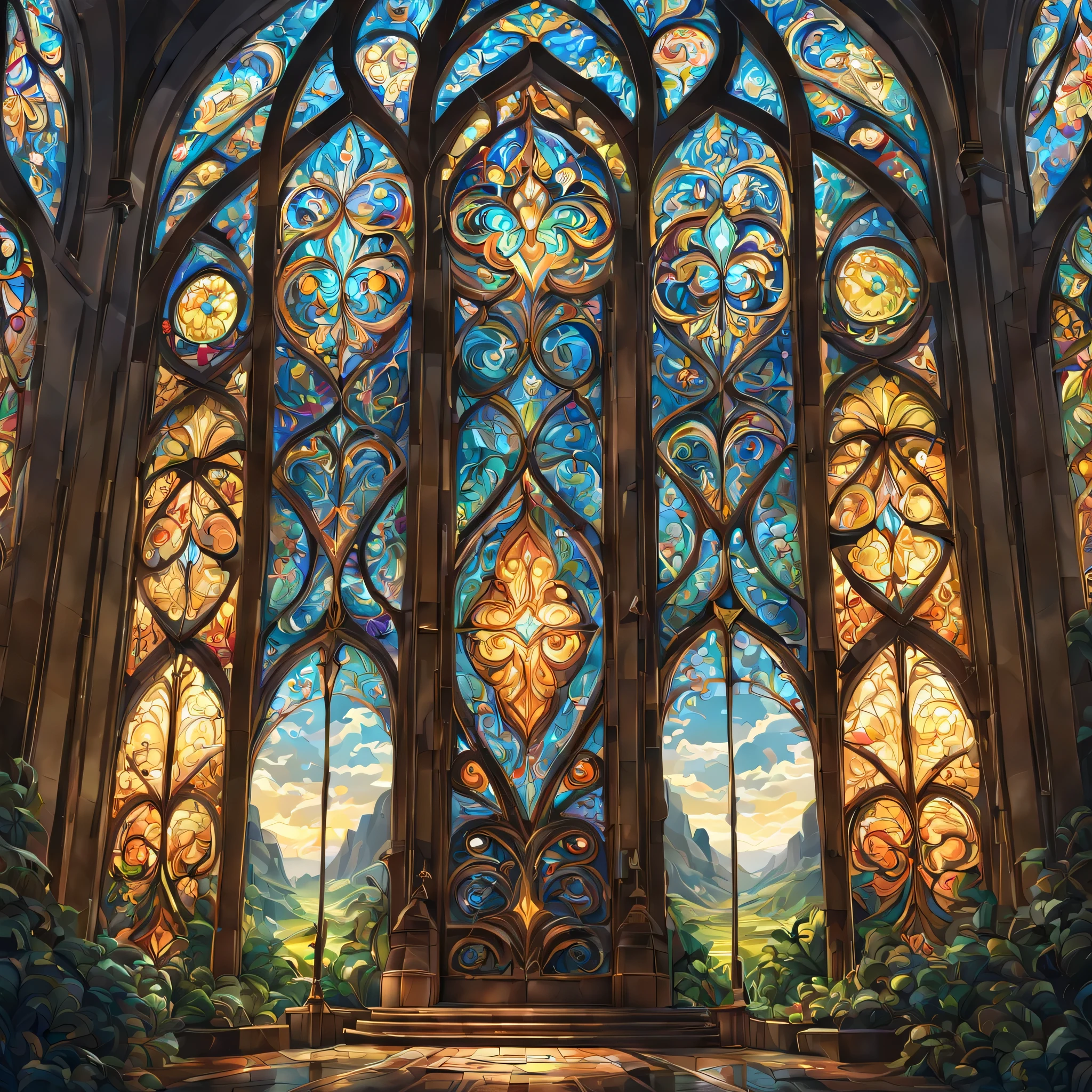 art deco:Stained glass,bright colors, intricate details. very detailed, Complex motifs, organic tracery, perfect composition, digital painting, art station, concept art, Smooth,, shape, T Masterpiece, highest quality, award-winning, High resolution, Landscape painting,Beautiful and amazing,