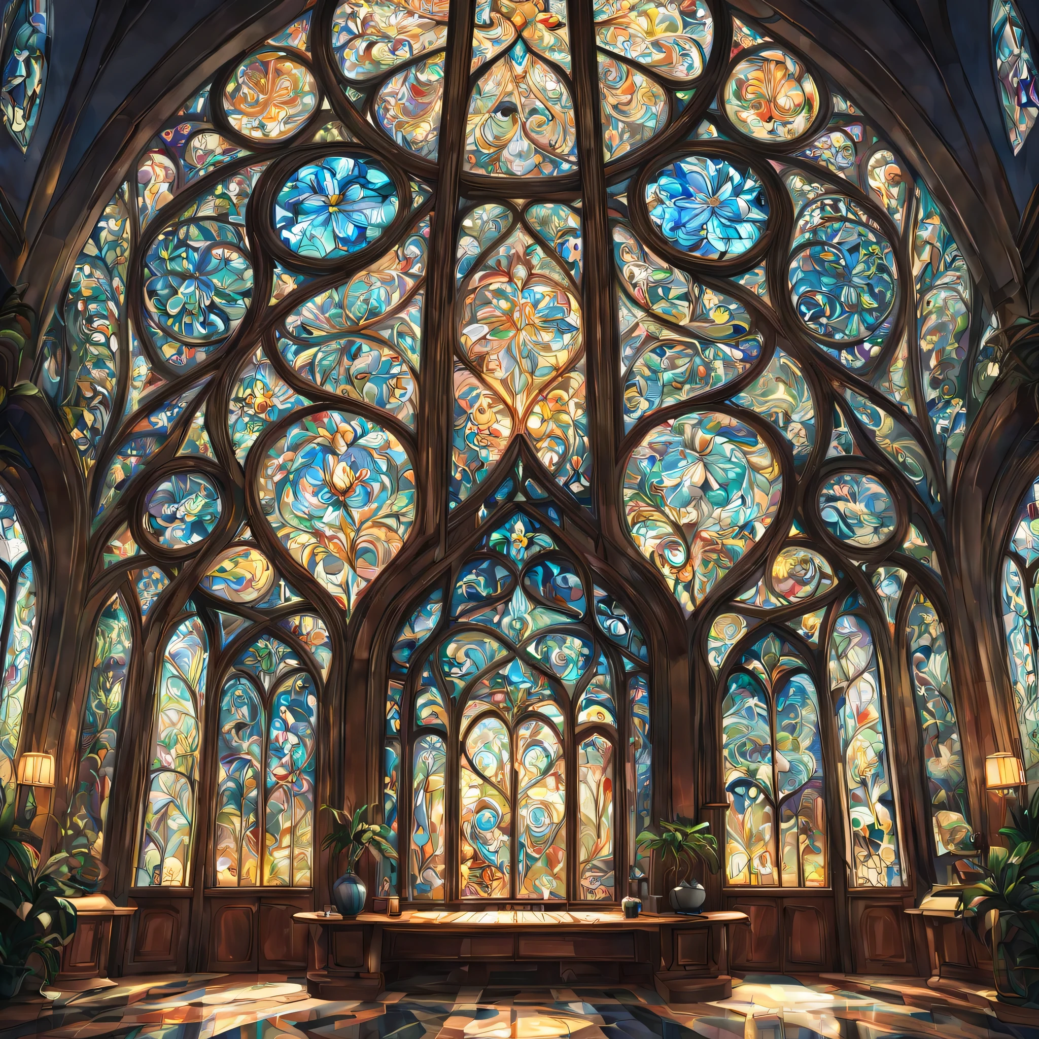 art deco:Stained glass,bright colors, intricate details. very detailed, Complex motifs, organic tracery, perfect composition, digital painting, art station, concept art, Smooth,, shape, T Masterpiece, highest quality, award-winning, High resolution, Landscape painting,Beautiful and amazing,