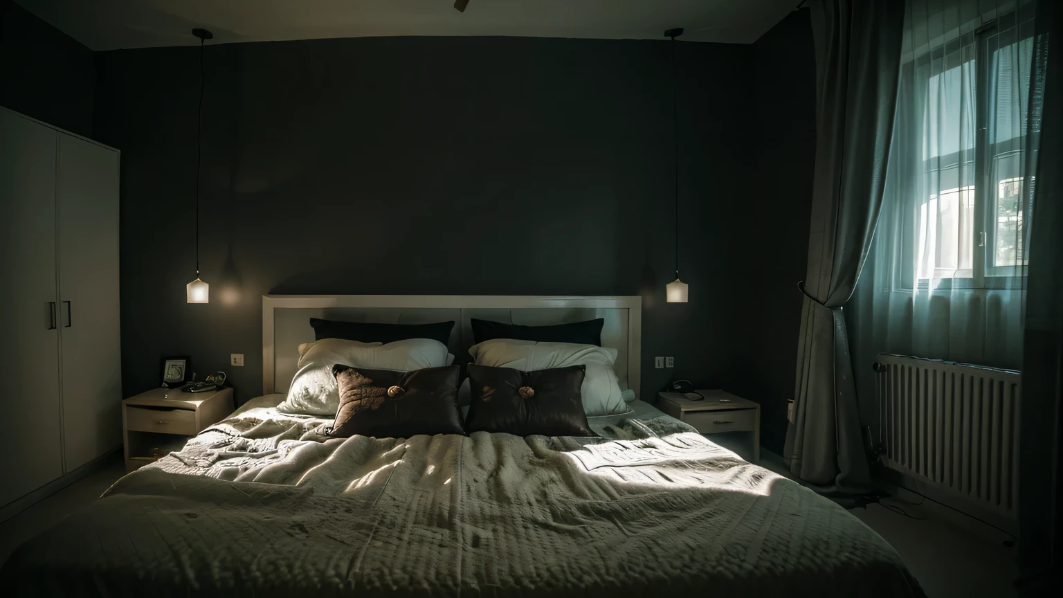 um quarto, Horror, quebrado, Distorcido, luz distorcida, Apartamento pequeno, Cinematic masterpiece, ultra high resolution, alta qualidade, cinematic lighting, luz baixa