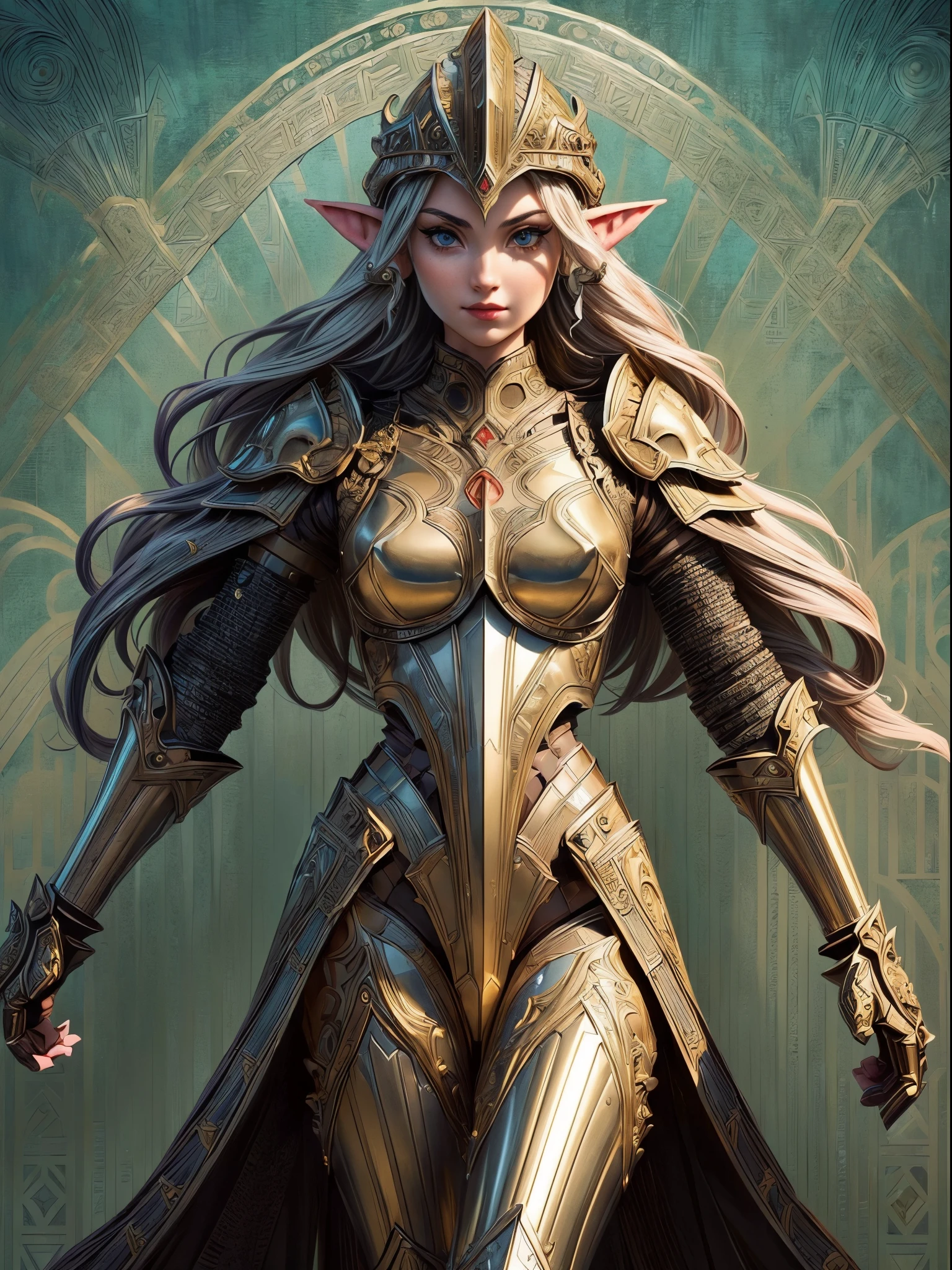 (art deco: 1.5) high details, best quality, 16k, [ultra detailed], masterpiece, best quality, (extremely detailed), full body, ultra wide shot, photorealistic, fantasy_world, fantasy art, dnd art, rpg art, realistic art, a wide angle, (((anatomically correct))) a wallpaper of an elf knight, elf warrior, princess knight, shinning knight, ready for battle with her mount (intense details, Masterpiece, best quality: 1.5), female elf (intense details, Masterpiece, best quality: 1.5), ultra detailed face, ultra feminine, fair skin, exquisite beauty, gold hair, long hair, wavy hair, small pointed ears, dynamic eyes color, wearing heavy mech armor, shinning metal, armed with elven sword fantasysword sword, standing near her mount, dynamic mount , green meadows, blue skies background and some clouds background depth of field (intricate details, Masterpiece, best quality: 1.5), full body (intricate details, Masterpiece, best quality: 1.5), high details, best quality, highres, ultra wide angle