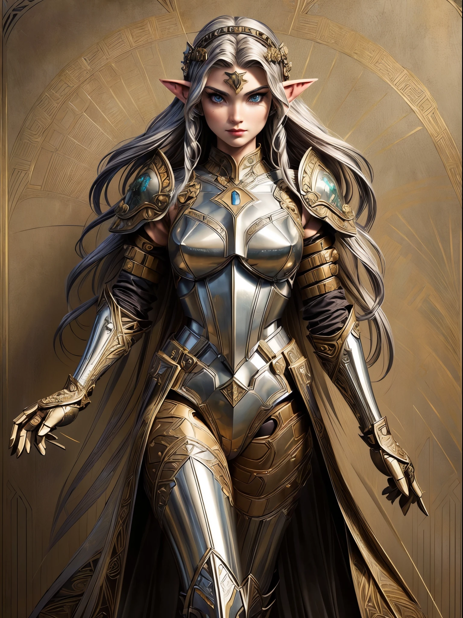 (art deco: 1.5) fantasy art deco, high details, best quality, 16k, [ultra detailed], masterpiece, best quality, (extremely detailed), full body, ultra wide shot, photorealistic, fantasy_world, fantasy art, dnd art, rpg art, realistic art, a wide angle, (((anatomically correct))) a wallpaper of an elf knight, elf warrior, princess knight, shinning knight, ready for battle with her mount (intense details, Masterpiece, best quality: 1.5), female elf (intense details, Masterpiece, best quality: 1.5), ultra detailed face, ultra feminine, fair skin, exquisite beauty, gold hair, long hair, wavy hair, small pointed ears, dynamic eyes color, wearing heavy mech armor, shinning metal, armed with elven sword fantasysword sword, standing near her mount, dynamic mount , green meadows, blue skies background and some clouds background depth of field (intricate details, Masterpiece, best quality: 1.5), full body (intricate details, Masterpiece, best quality: 1.5), high details, best quality, highres, ultra wide angle