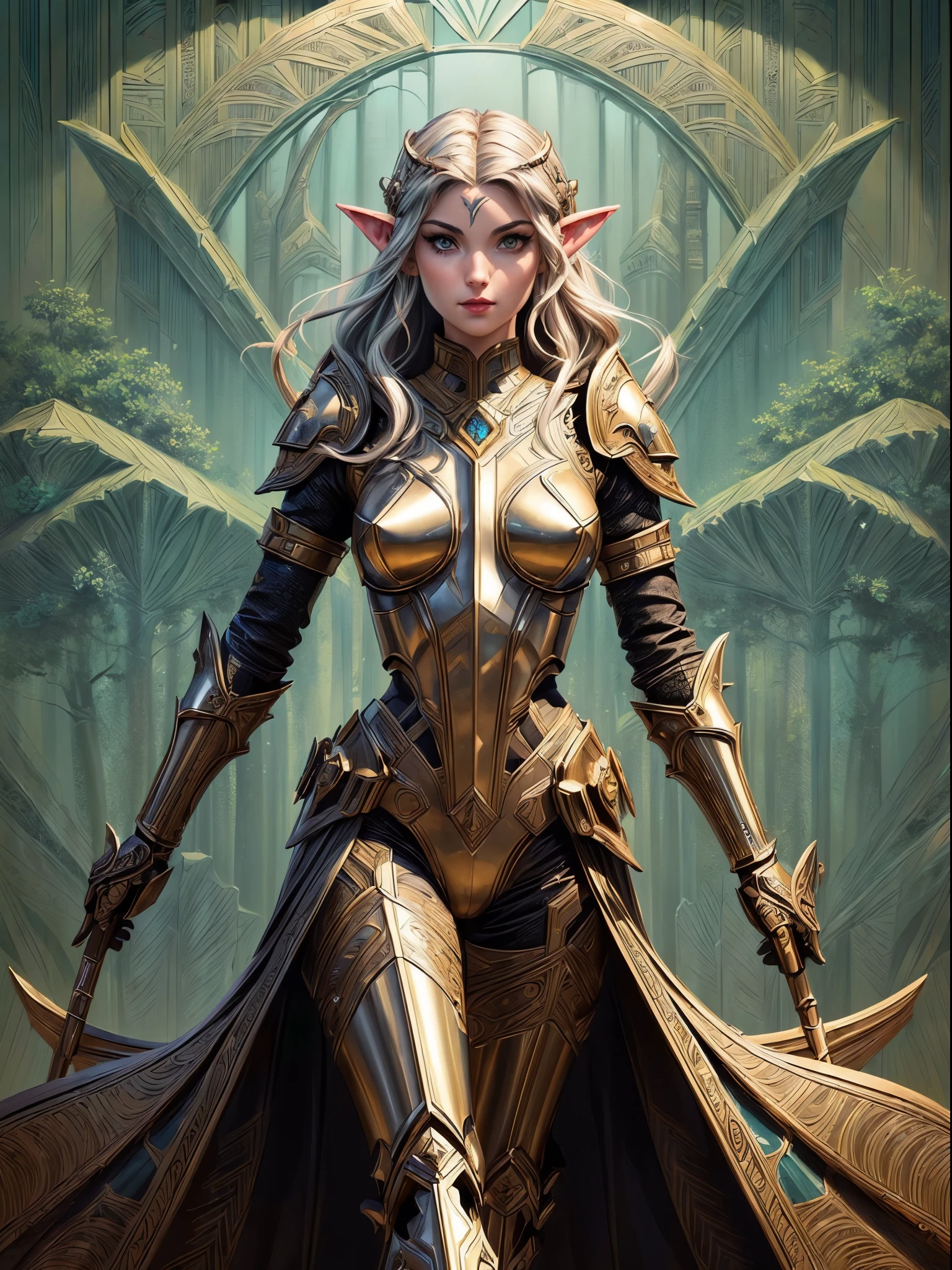 (art deco: 1.5) high details, best quality, 16k, [ultra detailed], masterpiece, best quality, (extremely detailed), full body, ultra wide shot, photorealistic, fantasy_world, fantasy art, dnd art, rpg art, realistic art, a wide angle, (((anatomically correct))) a wallpaper of an elf knight, elf warrior, princess knight, shinning knight, ready for battle with her mount (intense details, Masterpiece, best quality: 1.5), female elf (intense details, Masterpiece, best quality: 1.5), ultra detailed face, ultra feminine, fair skin, exquisite beauty, gold hair, long hair, wavy hair, small pointed ears, dynamic eyes color, wearing heavy mech armor, shinning metal, armed with elven sword fantasysword sword, standing near her mount, dynamic mount , green meadows, blue skies background and some clouds background depth of field (intricate details, Masterpiece, best quality: 1.5), full body (intricate details, Masterpiece, best quality: 1.5), high details, best quality, highres, ultra wide angle