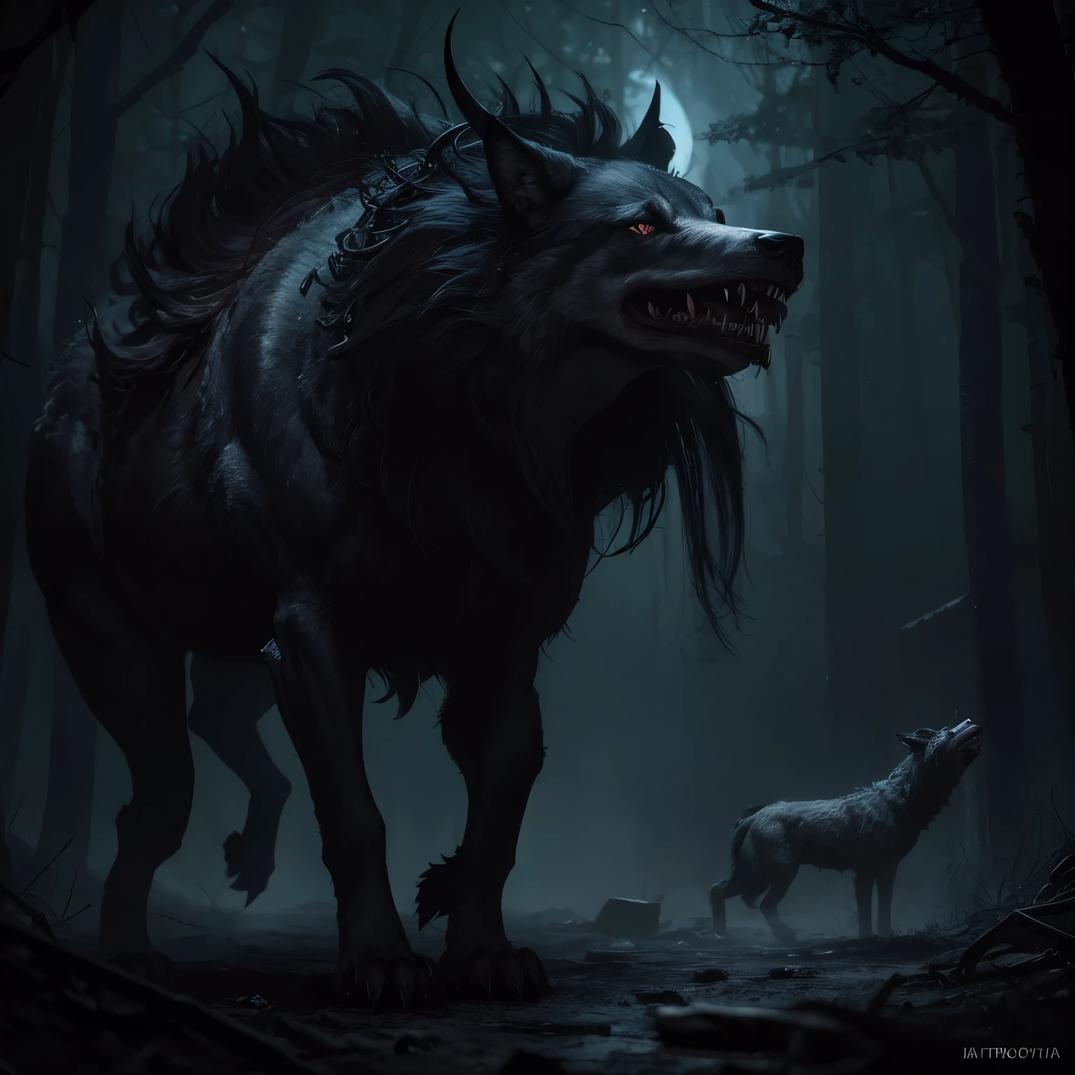 wolf with a bloody face and a large mouth full of deformed teeth running towards the viewer, conceito de criatura realista medonha, arte conceitual de criatura, projeto de criatura, arte conceitual de monstro, Fenrir, Hell dogs, arte do personagem da criatura conceitual, criatura assustadora, um lobo minotauro, monstro com multiplas patas, olhos espalhados pelo corpo, fantasy arte conceitual de criatura, monstro de fantasia hiper-realista, Grim - Lobo, a grotesque demon-like creature with torn skin