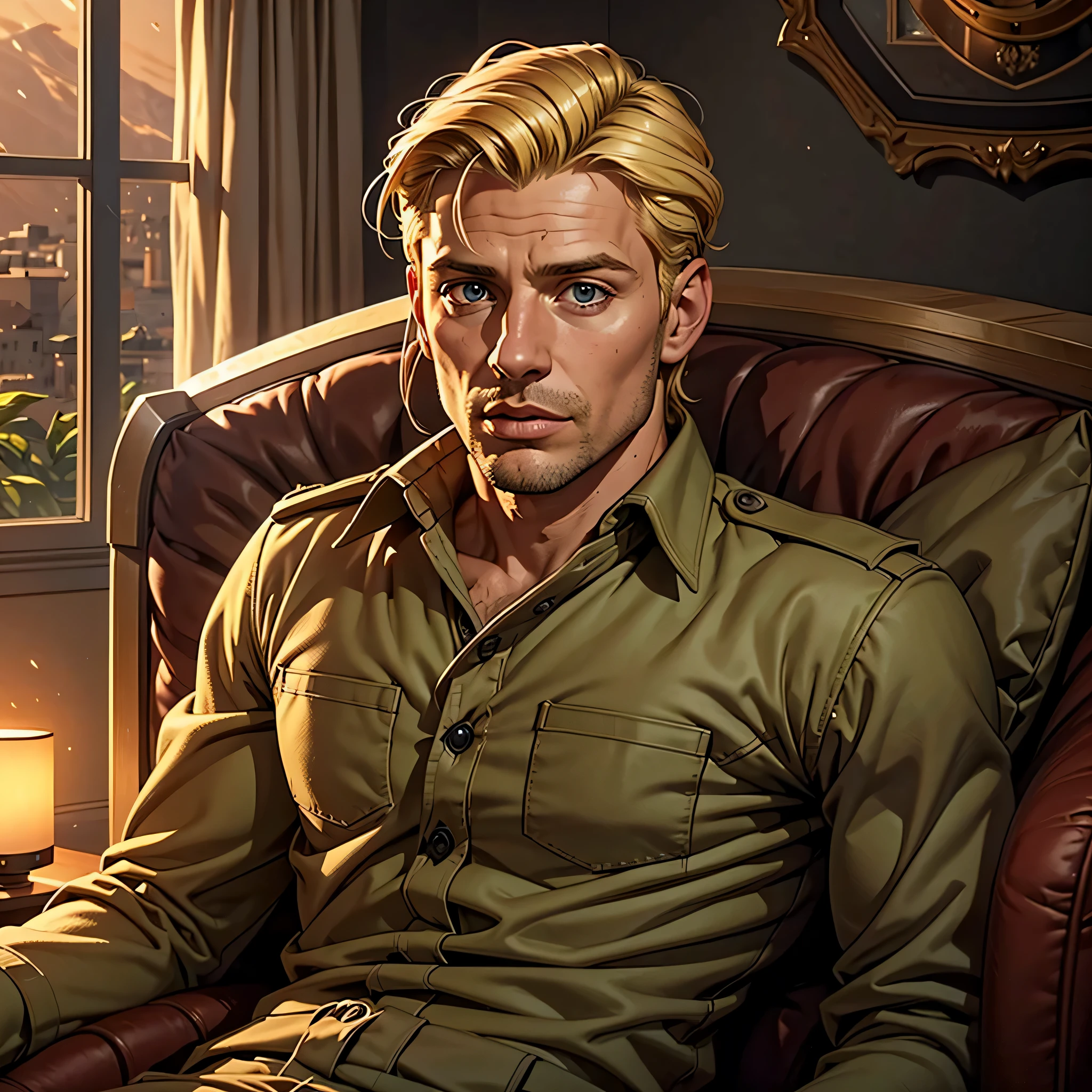 (melhor qualidade, realista, macho), 40 anos, (1 menino), olhos detalhados, Detailed lips, cabelo loiro, cabelos militares, sofa, ambiente aconchegante, soft lighting, ambiente calmo, macho