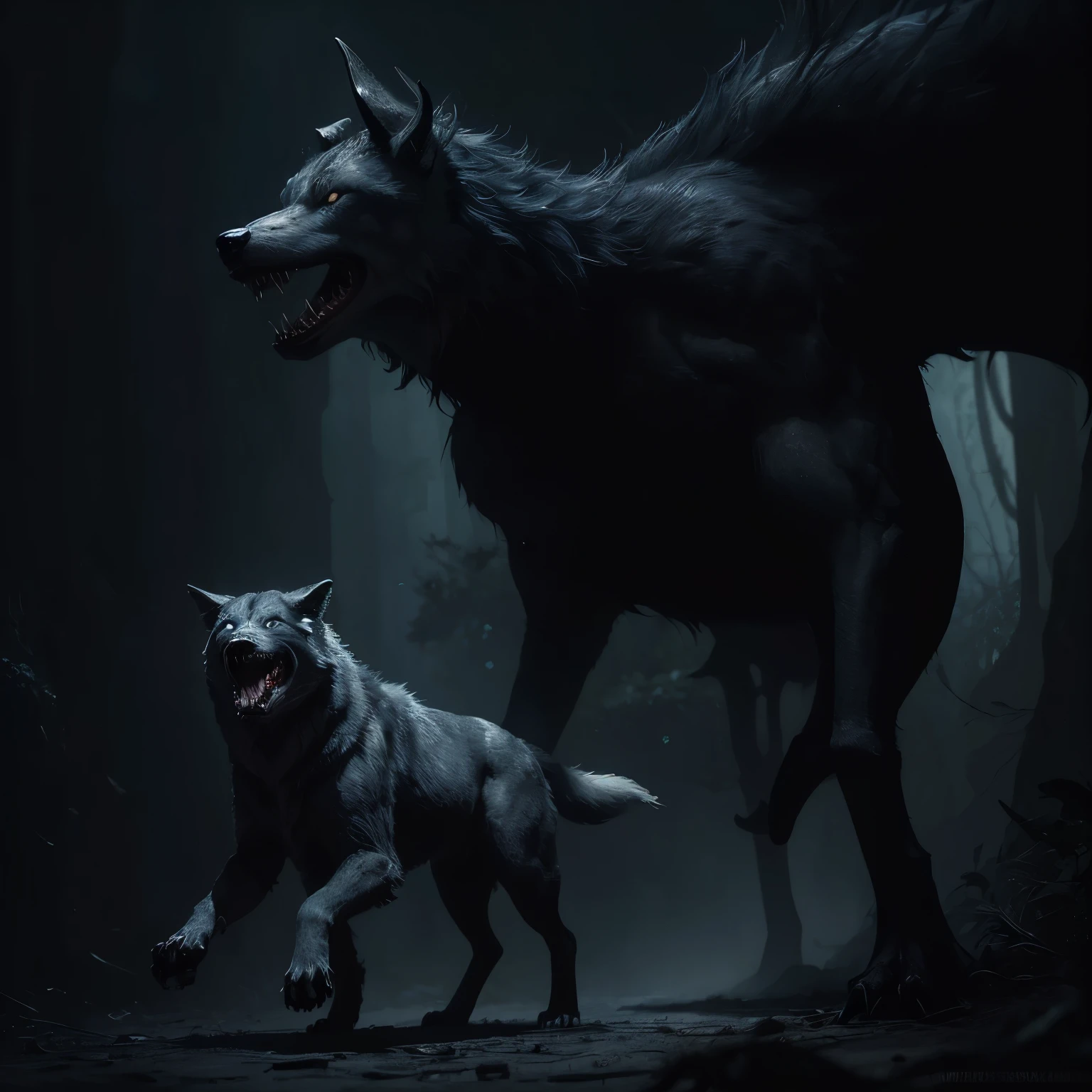 wolf with a bloody face and a large mouth full of deformed teeth running towards the viewer, conceito de criatura realista medonha, arte conceitual de criatura, projeto de criatura, arte conceitual de monstro, Fenrir, Hell dogs, arte do personagem da criatura conceitual, criatura assustadora, um lobo minotauro, monstro com multiplas patas, olhos espalhados pelo corpo, fantasy arte conceitual de criatura, monstro de fantasia hiper-realista, Grim - Lobo, a grotesque demon-like creature with torn skin