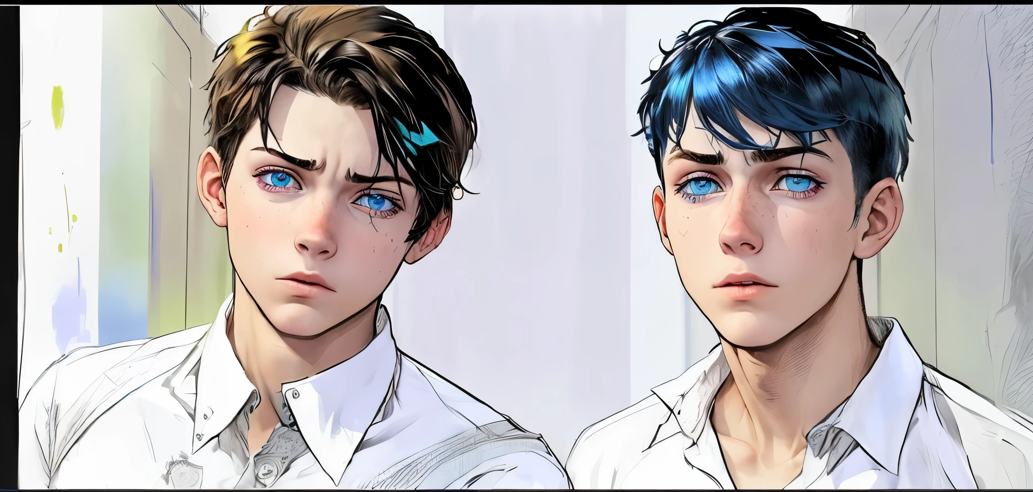 two 15 year old boys, one of them has blue hair, blue eyes, they look with fear