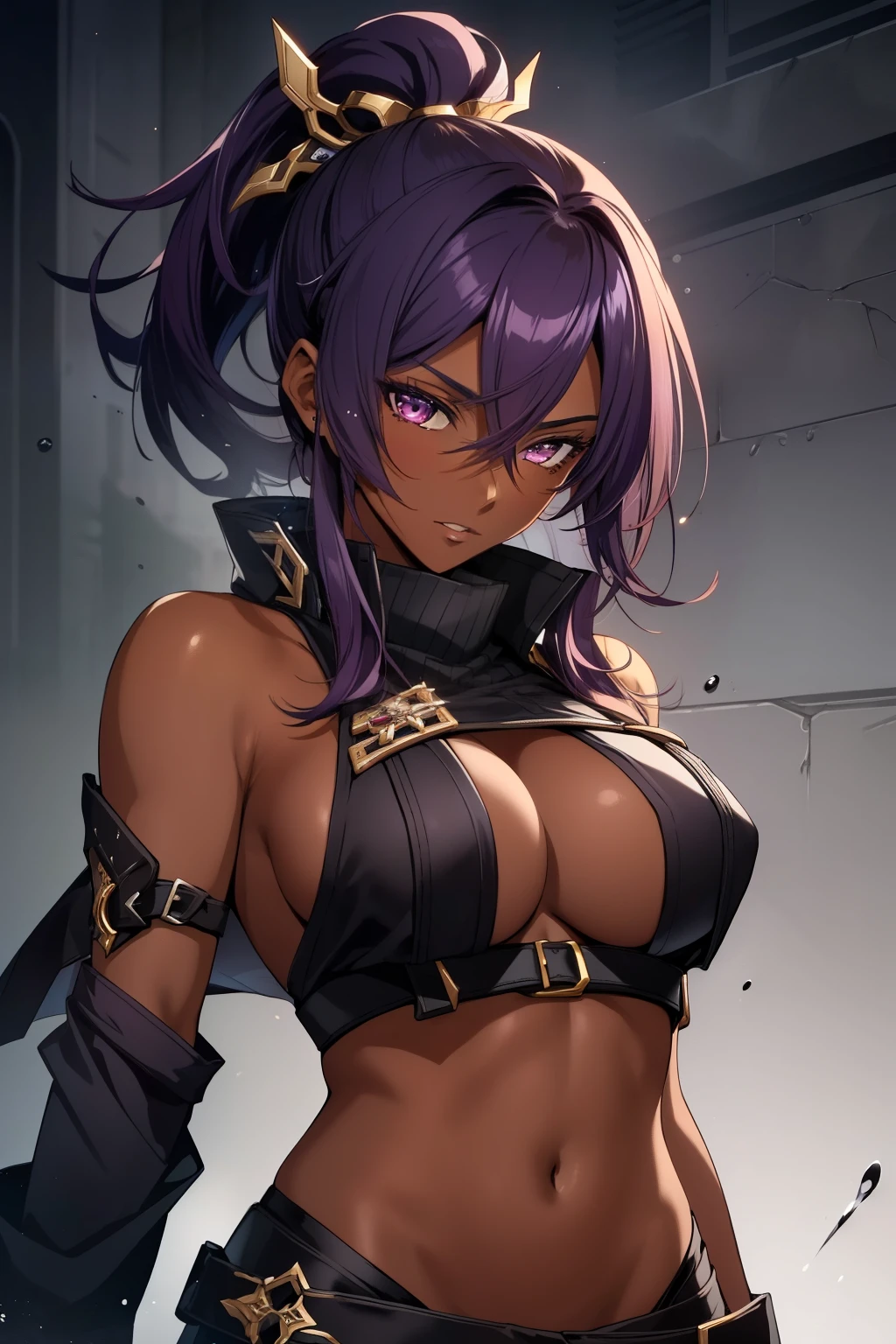 (masterpiece, best quality),  intricate details, 8k, artstation, wallpaper, official art, splash art, sharp focus,
1girl,  solo, shihouin yoruichi, purple hair, (dark skin, dark-skinned female:1.2), ponytail, 
 cropped-fc,  underboob,