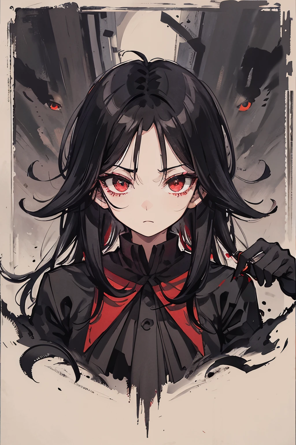 Dark silhouette, upper body, dark shadows, only silhouette, 1boy, male, black hair, messy hair, red eyes, shadow, dark aura, looking at viewer, deadpan face, shadow, black gloves, 8k, high resolution, high-resolution, super detailed, eyed details, red eyes, messy hair, black hair, Bangs cover the forehead