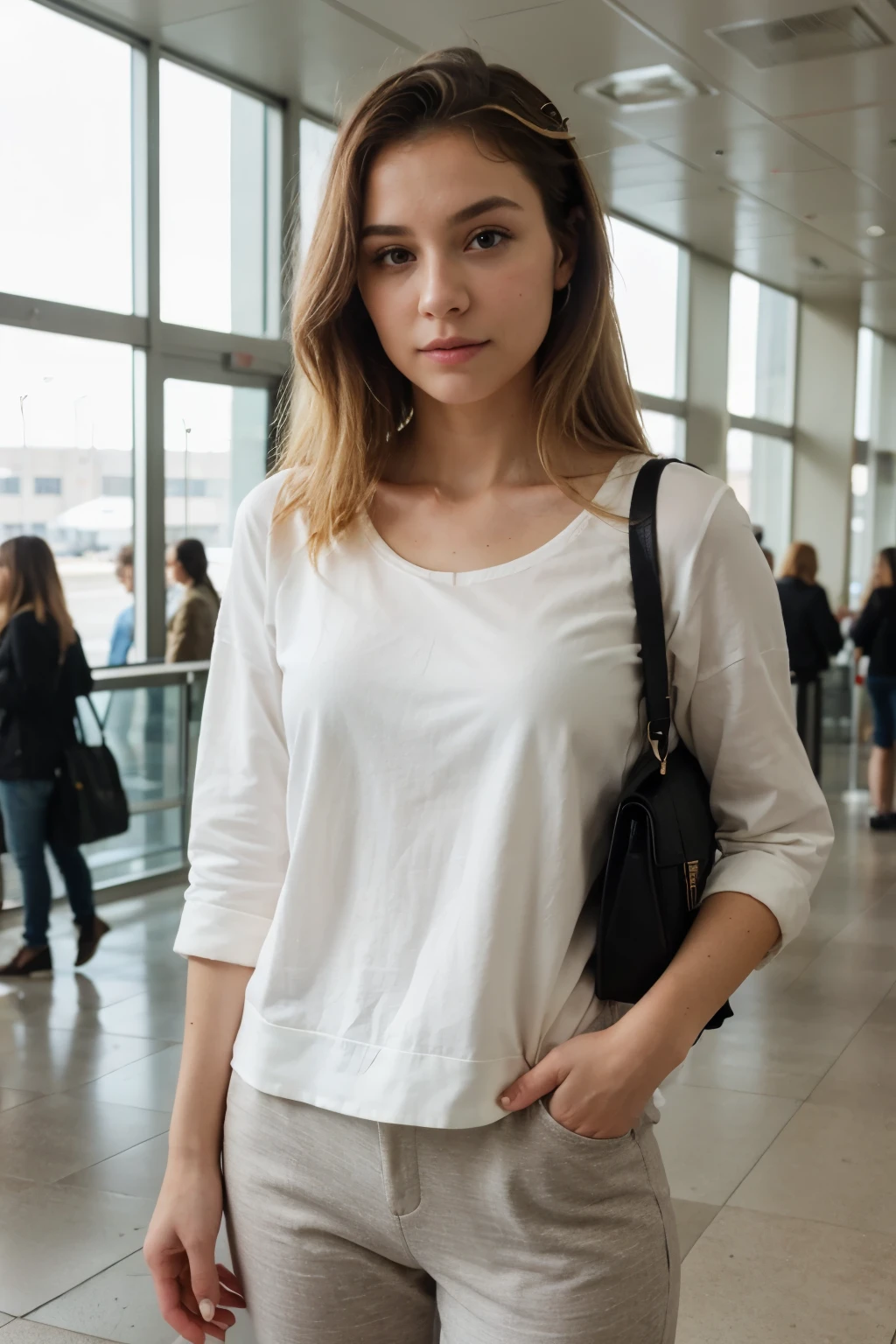 ((Best quality)), ((masterpiece)), (detailed), perfect face cute face, blonde hair girl at the airport in a cute casual suit