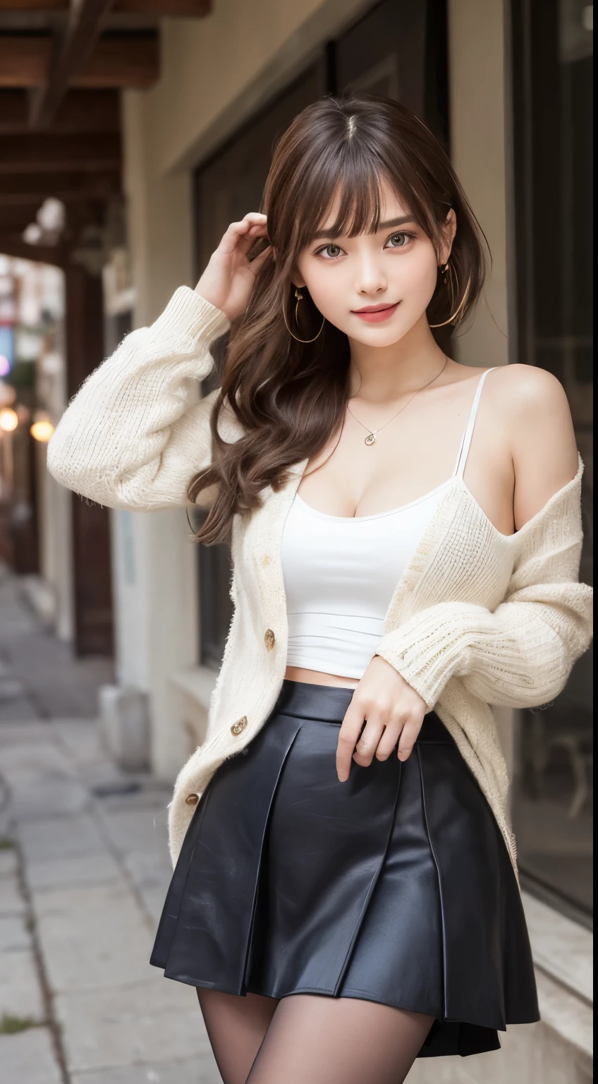 smile、night、Raw photo、(((ultimate beauty portrait)))、((glowing skin))、1 girl、 beautiful girl from Prague、bright look、((brown hair))、(cleavage)、(flare skirt:1.5)、((Big eyes that shine like jewels))、open cardigan、open your clothes、pantyhose、Glossy and glossy skin、(medium hair)、(silky ponytail hair)、(standing)、(from below)、under the skirt、(from below下着の接写)、eyeliner、beautiful bangs、hair between eyes、((masterpiece、highest quality、super detailed、film light、intricate details、High resolution、very detailed))、detailed background、8KUHD、Digital single-lens reflex camera、soft light、I can see high quality nipples