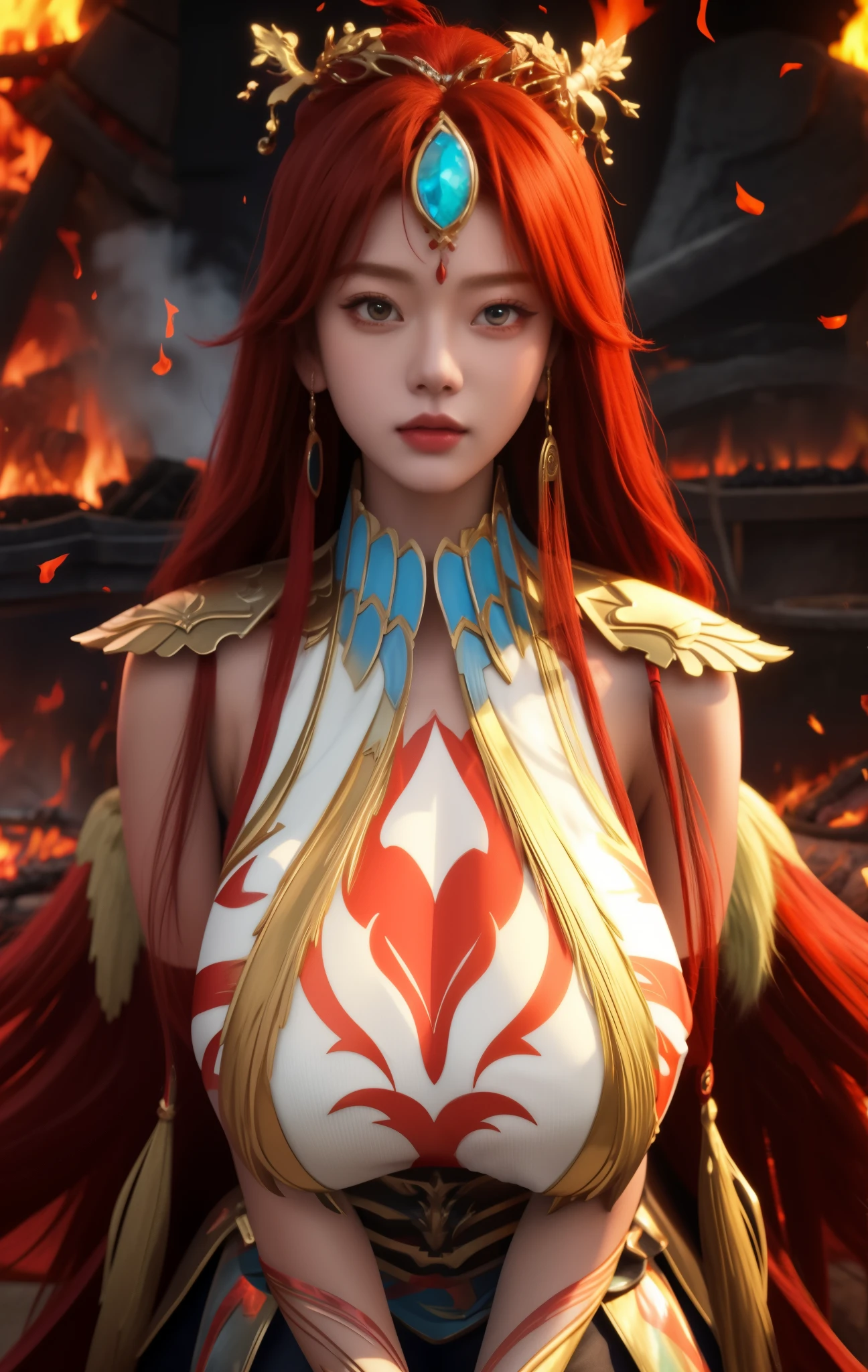 a redhead、Woman in blue top stands in front of fire, 2. 5d cgi anime fantasy artwork, the fire goddess, 8k high quality detailed art, Detailed digital animation art, 以the fire goddess的身份出现, chengwei pan on artstation, 4k highly detailed digital art, Best Art Sites for Fan Art, Red-haired queen wearing heavy red armor