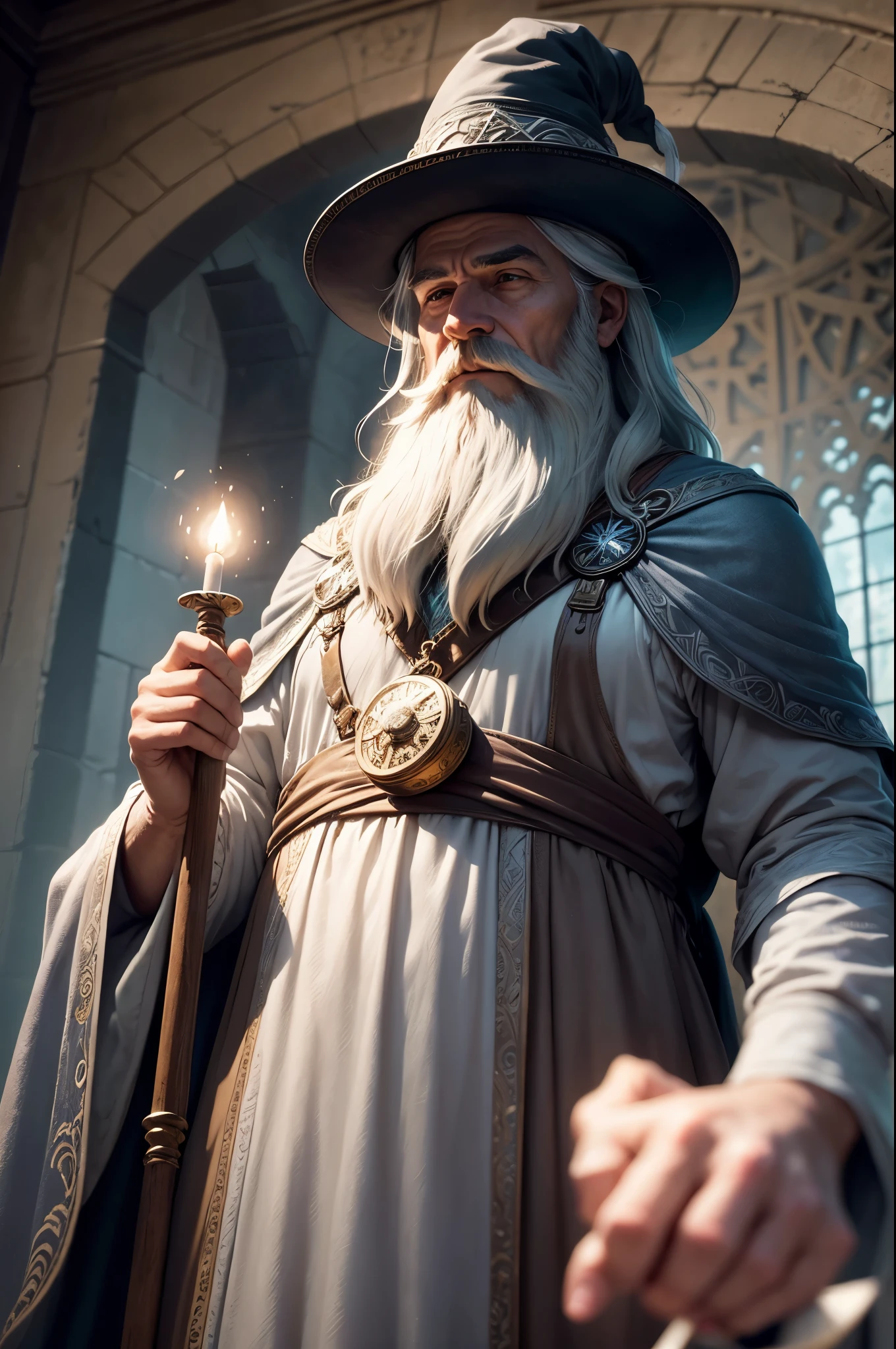 
"Create a prompt for an engaging one-minute video featuring a wizard: Explore o mundo de um mago idoso, but wise, whose long silver beard dances with the ancient winds of magic. Set in a mystical tower surrounded by swirling fogs-