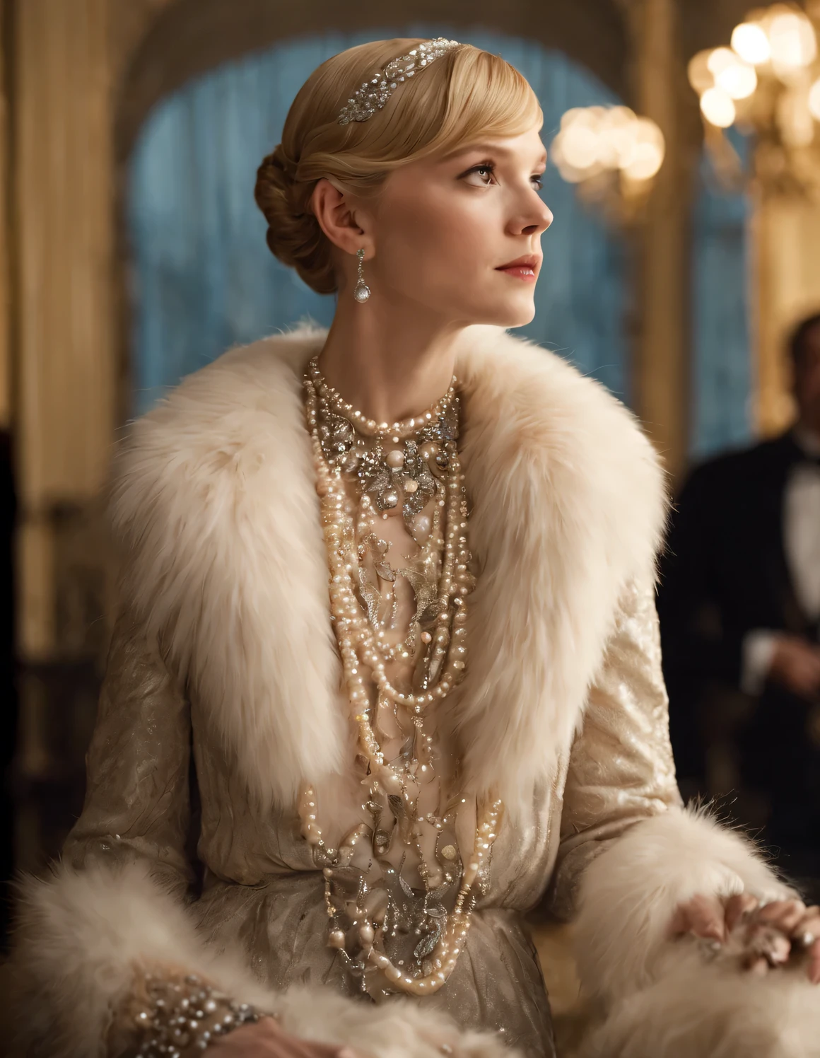 Carey Mulligan (Carey Mulligan) Close-up photo of wearing a fur coat and pearls (blonde), "Great Gatsby" Still photos, Luxurious pearl and diamond ring, bracelet, crown, Dressed in 1920s fashion, 1920s hairstyles, 1920s style, 1920s clothing, 1920s fabric style, Decorative Arts, masterpiece, high detail, ultra high resolution, best picture quality, 8K resolution, higher quality, Natural light, Big watery eyes, glowing eyes, sparkling pupils, Exquisite facial features, perfect face, glowing skin, Dundal effect, updo, Top bun, European and American fashion short skirts, 8k, HD, sweet smile emoticon, Taken with a Sony camera,