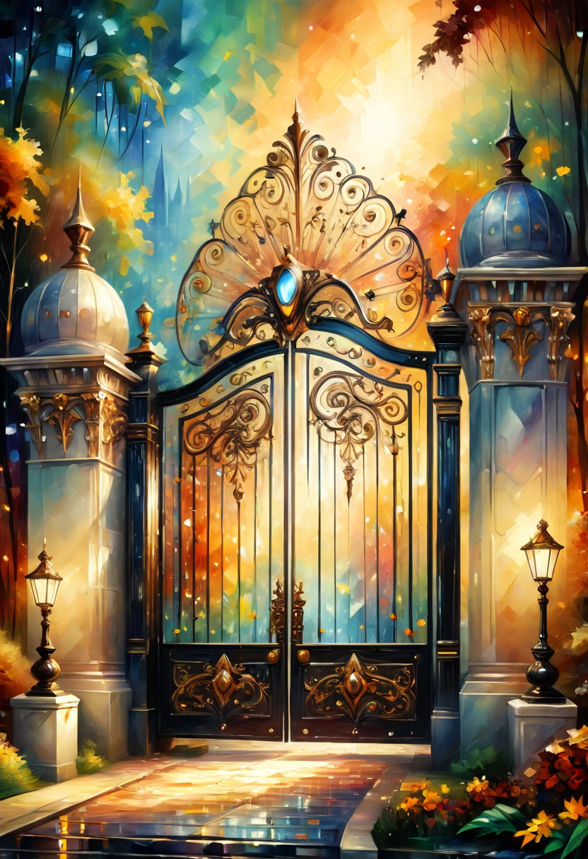 Art Deco, Palace gate, by Leonid Afremov, octane render, fantasy art, whimsical, intricate, (best quality, masterpiece, Representative work, official art, Professional, 8k)