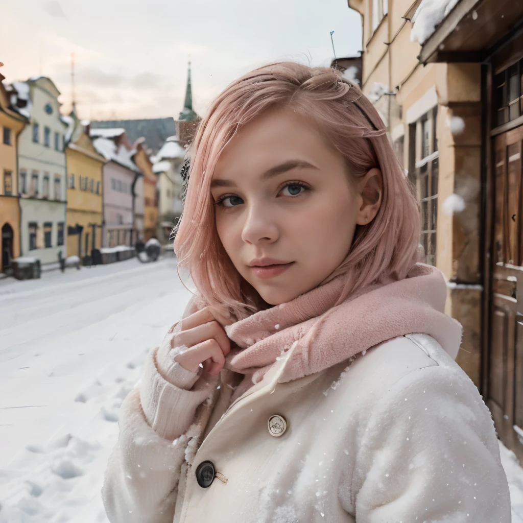 19-years old woman from Poland, short blonde-pink hair, winter in Krakow, winter background, snowy, selfie
