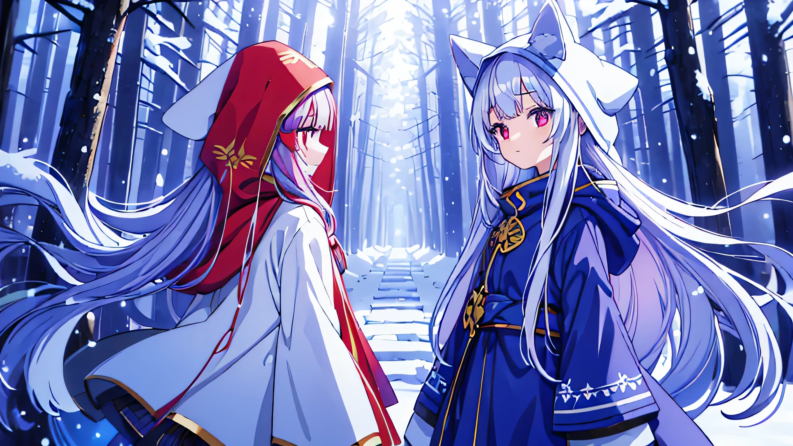 cute anime girl, Blue long hair, snow, Red eyes, background of snowy forest, the girl stands in the center and looks at the viewer, Ancient clothing, white cloak with gold lines around the edges and a rounded hood, covering long hair.  , walking along a forest path
