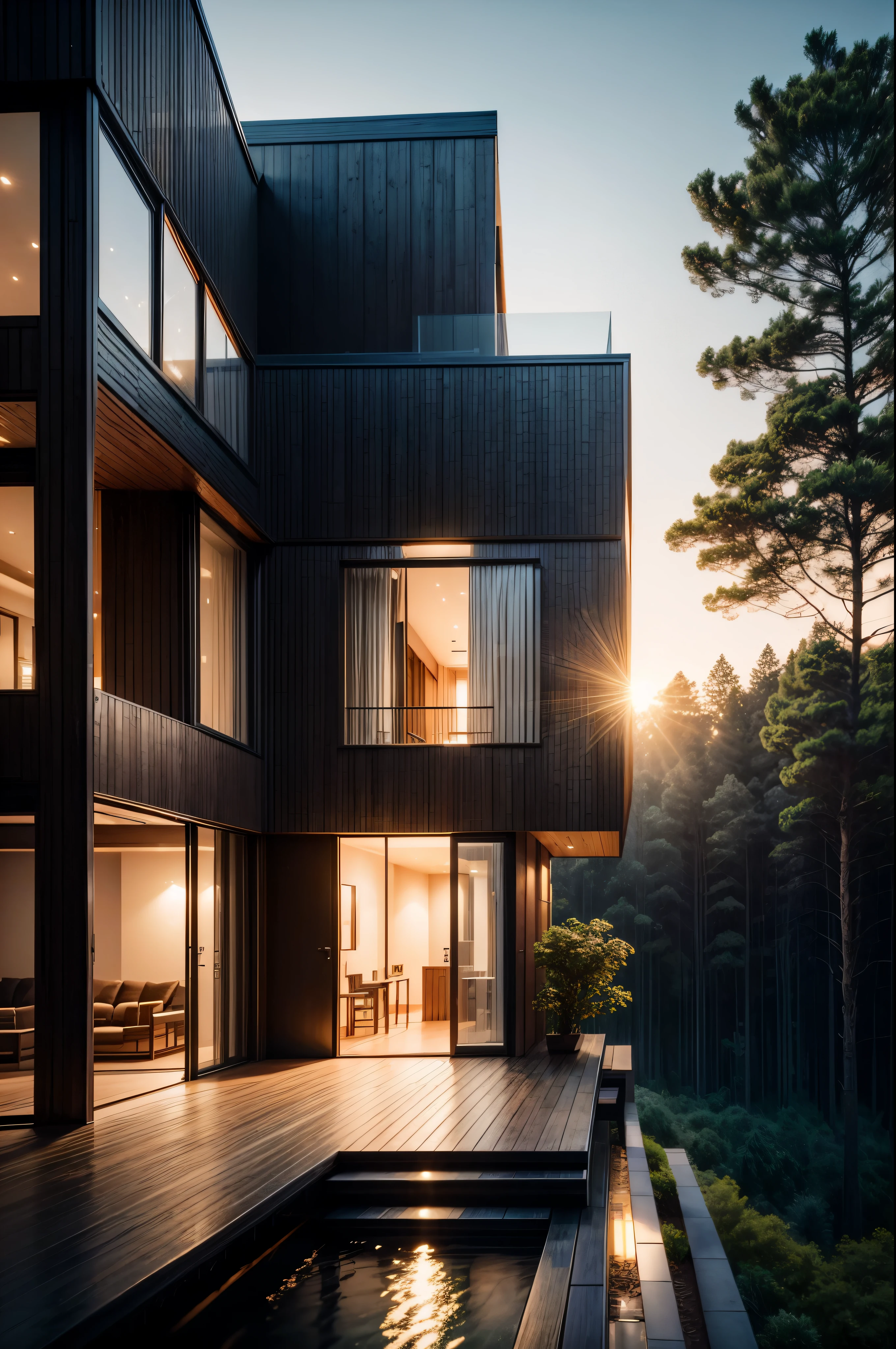 blacked out modern mansion in the forest hidden among the trees with hot Korean girl wearing black bikini with big chest
