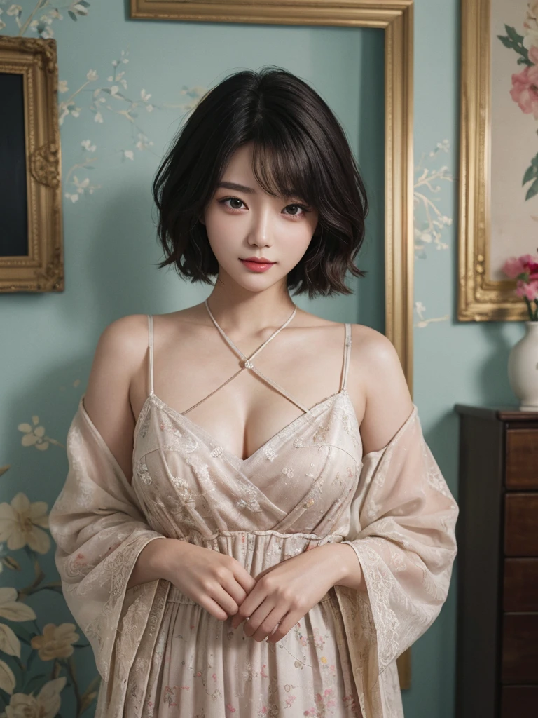 masterpiece、The highest image quality、hightquality、Beautuful Women、japanes、Popular Korean Makeup、detaileds、Swollen eyes、A detailed eye、Detailed skin、Beautiful skins、超A high resolution、(Realistis:1.4)、very extremely beautiful、Slightly younger face、Beautiful skins、thin-waist、(A hyper-realistic)、(illustratio)、(hight resolution)、(8K)、(ighly detailed)(The best illustrations)、(beautifully detailed eyes)、(ultra-detailliert)、(wall-paper)、(详细的脸)、looking at the viewers、fine detailed、 A detailed face、pureerosfaceace_v1、a smile、Looking straight ahead、photos realistic、Bright lighting、profetional lighting、Colorful hair color、(((very_short_hair)))、brightly lit room、painterly、picture frame、Black