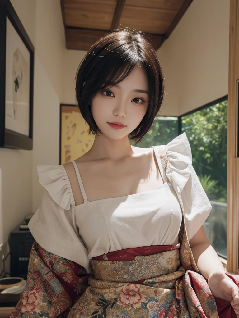 ​masterpiece、The highest image quality、hightquality、Beautuful Women、japanes、Popular Korean Makeup、detaileds、Swollen eyes、A detailed eye、Detailed skin、Beautiful skins、超A high resolution、(Realistis:1.4)、very extremely beautiful、Slightly younger face、Beautiful skins、thin-waist、(A hyper-realistic)、(illustratio)、(hight resolution)、(8K)、(ighly detailed)(The best illustrations)、(beautifully detailed eyes)、(ultra-detailliert)、(wall-paper)、(详细的脸)、looking at the viewers、fine detailed、 A detailed face、pureerosfaceace_v1、a smile、Looking straight ahead、photos realistic、Bright lighting、profetional lighting、Colorful hair color、(((very_short_hair)))、brightly lit room、painterly、picture frame、Black