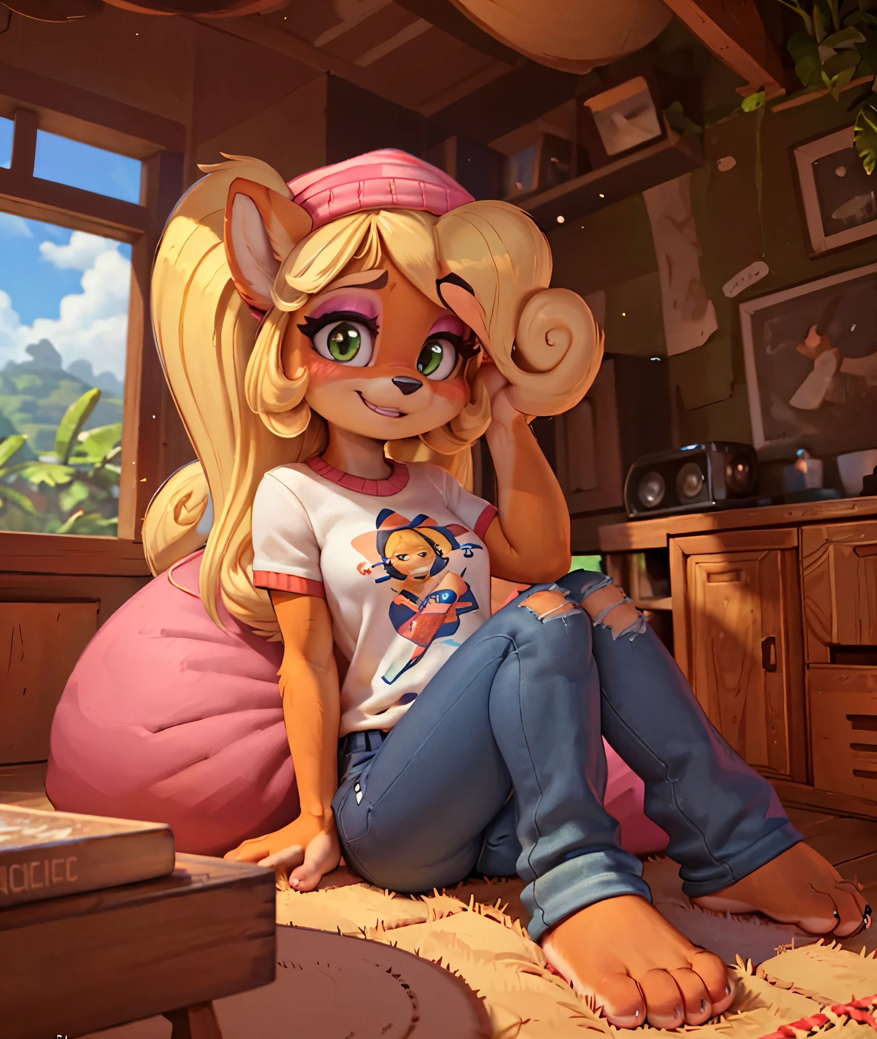 [Coco bandicoot], [Uploaded to e621.net; (Pixelsketcher), (wamudraws)], ((masterpiece)), ((HD)), ((solo portrait)), ((full body)), ((front view)), ((feet visible)), ((furry; anthro)), ((detailed fur)), ((detailed shading)), ((beautiful render art)), ((intricate details)), {anthro; orange fur, black nose, (cute green eyes), (short eyelashes), (pink eyeshadow), (long blonde curly hair), (curvy hips), (beautiful legs), (blushing), (cute grin), (excited expression)}, {white tee shirt), (yellow star printed on shirt), (tight jeans), (white socks), (pink beanie)}, {(sitting on beanbag), (looking at viewer)}, [background; (tropical forest), (tree house), (living room), (pink beanbag), (window), (blue sky), (sun rays)]