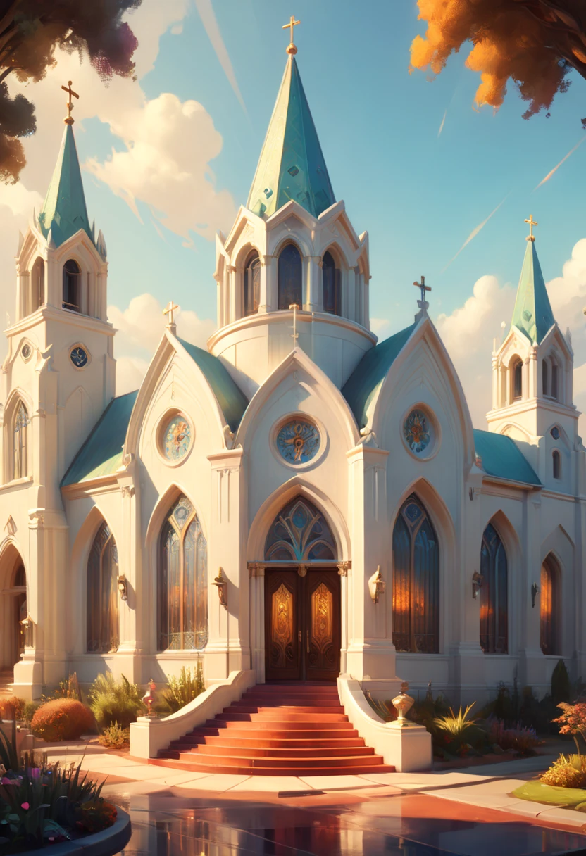 Art Deco, church, by Steve Henderson, octane render, fantasy art, whimsical, intricate, (best quality, masterpiece, Representative work, official art, Professional, 8k)