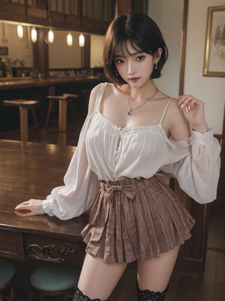 ​masterpiece、The highest image quality、hightquality、Beautuful Women、japanes、Popular Korean Makeup、detaileds、Swollen eyes、A detailed eye、Detailed skin、Beautiful skins、超A high resolution、(Realistis:1.4)、very extremely beautiful、Slightly younger face、Beautiful skins、thin-waist、(A hyper-realistic)、(illustratio)、(hight resolution)、(8K)、(ighly detailed)(The best illustrations)、(beautifully detailed eyes)、(ultra-detailliert)、(wall-paper)、(详细的脸)、looking at the viewers、fine detailed、 A detailed face、pureerosfaceace_v1、a smile、Looking straight ahead、photos realistic、Bright lighting、profetional lighting、Colorful hair color、(((very_short_hair)))、brightly lit room、painterly、picture frame、Black Gothic Lolita clothes, Gothic Lolita fashion, skirts, earrings, necklaces, bracelets, sexy poses, compositions that show the whole body, boots, fingers in detail, standing, photos that show the whole body