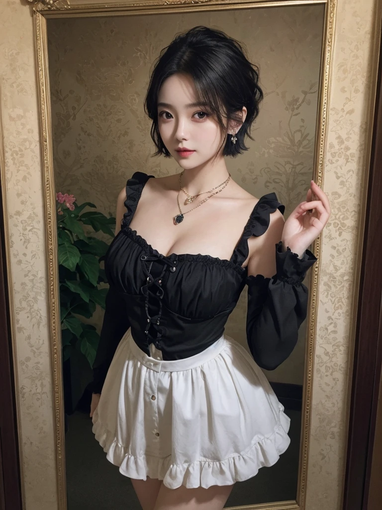 masterpiece、The highest image quality、hightquality、Beautuful Women、japanes、Popular Korean Makeup、detaileds、Swollen eyes、A detailed eye、Detailed skin、Beautiful skins、超A high resolution、(Realistis:1.4)、very extremely beautiful、Slightly younger face、Beautiful skins、thin-waist、(A hyper-realistic)、(illustratio)、(hight resolution)、(8K)、(ighly detailed)(The best illustrations)、(beautifully detailed eyes)、(ultra-detailliert)、(wall-paper)、(详细的脸)、looking at the viewers、fine detailed、 A detailed face、pureerosfaceace_v1、a smile、Looking straight ahead、photos realistic、Bright lighting、profetional lighting、Colorful hair color、(((very_short_hair)))、brightly lit room、painterly、picture frame、Black Gothic ta clothes, Gothic Loliashion, skirts, earrings, necklaces, bracelets, sexy poses, compositions that show the whole body, boots, fingers in detail, standing, photos that show the whole body