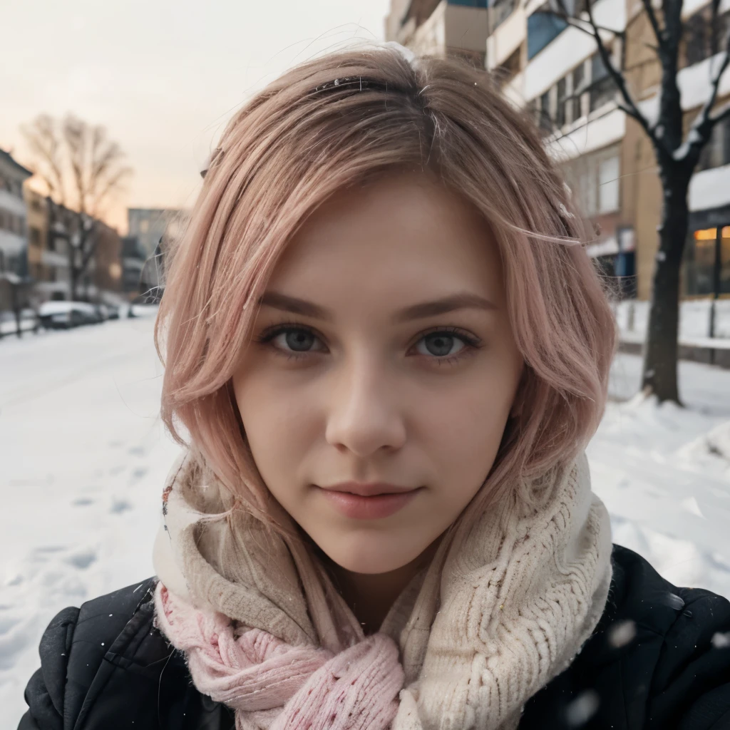 19-years old woman from Poland, short blonde-pink hair, winter in Katowice, winter background, snowy, selfie
