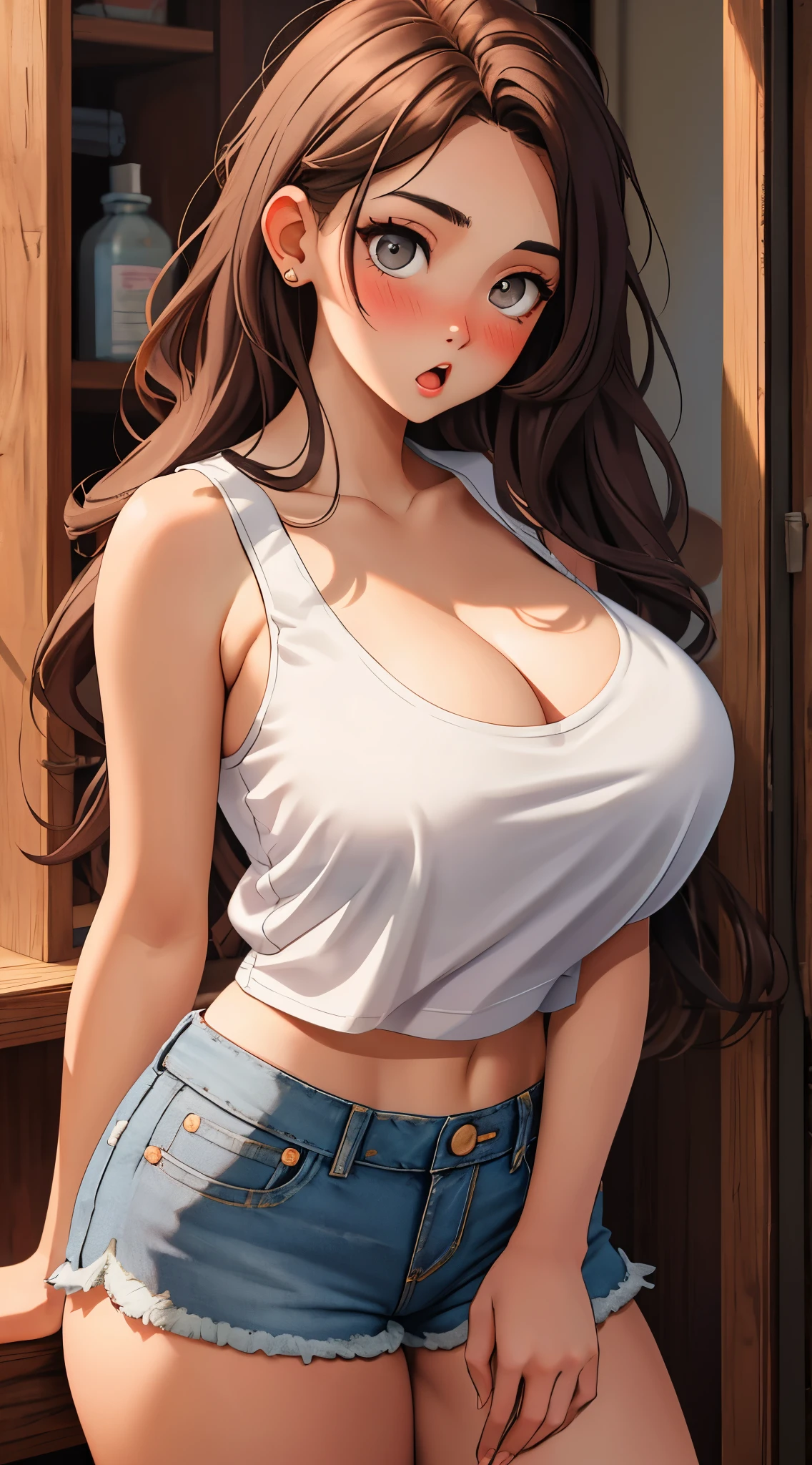 Masterpiece, best quality, 1girl, solo, 20 years old, neat girl, long brown hair, grey eyes, ((raised eyebrows)), blush, :o, huge breasts, (curvy:0.9), (white tank top), bare arms, Cleavage, (denim short shorts, natural light