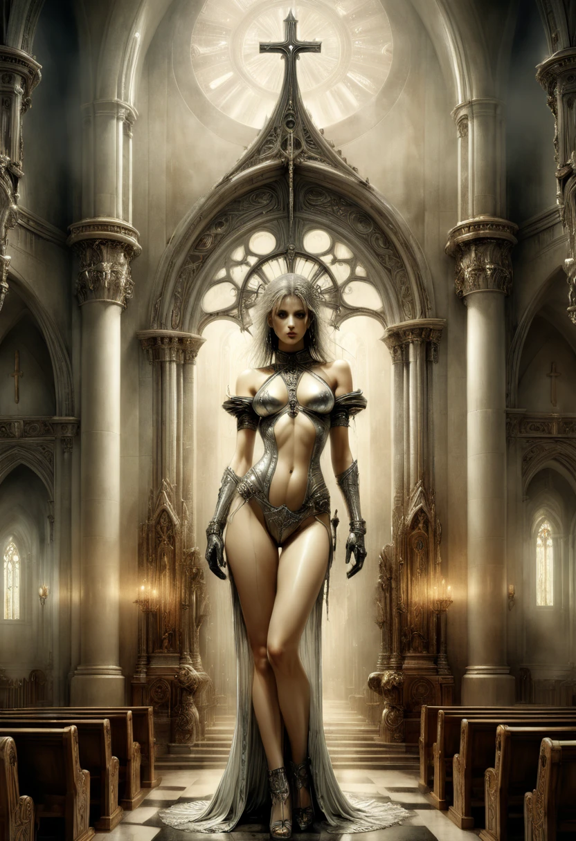 Art Deco, inside church, by Luis Royo, octane render, fantasy art, whimsical, intricate, (best quality, masterpiece, Representative work, official art, Professional, 8k)