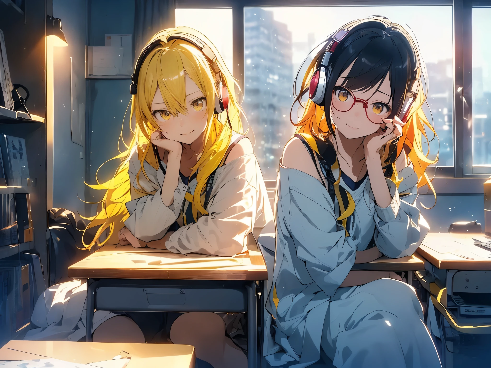 At night, the neon lights on the windowsills shine.、Woman living alone is studying at desk on left side wearing headphones。in the corner of the room, There was no one but her、Neon lights illuminate the room in a fantastical way。color is yellow,A girl with eyes more beautiful than the sky is staring at me from the side..anime style, movieポートレート写真, (((1 female))), 22 years old, Esbian, small and poor chest, Get angry、lemon、((bright yellow hair)), long hair, ((red eyes)), amber eyes、Red beautiful eyes, (natural skin texture vivid details, surreal, (realistic detailed eyes, natural skin texture, realistic facial details), soft and dramatic lighting, ((lemonがテーマ))、Depth of bounds written, vivid details, surreal,movie,smile、forward leaning posture,Barely、looking at the desk、sit on a chair、glasses,In the job