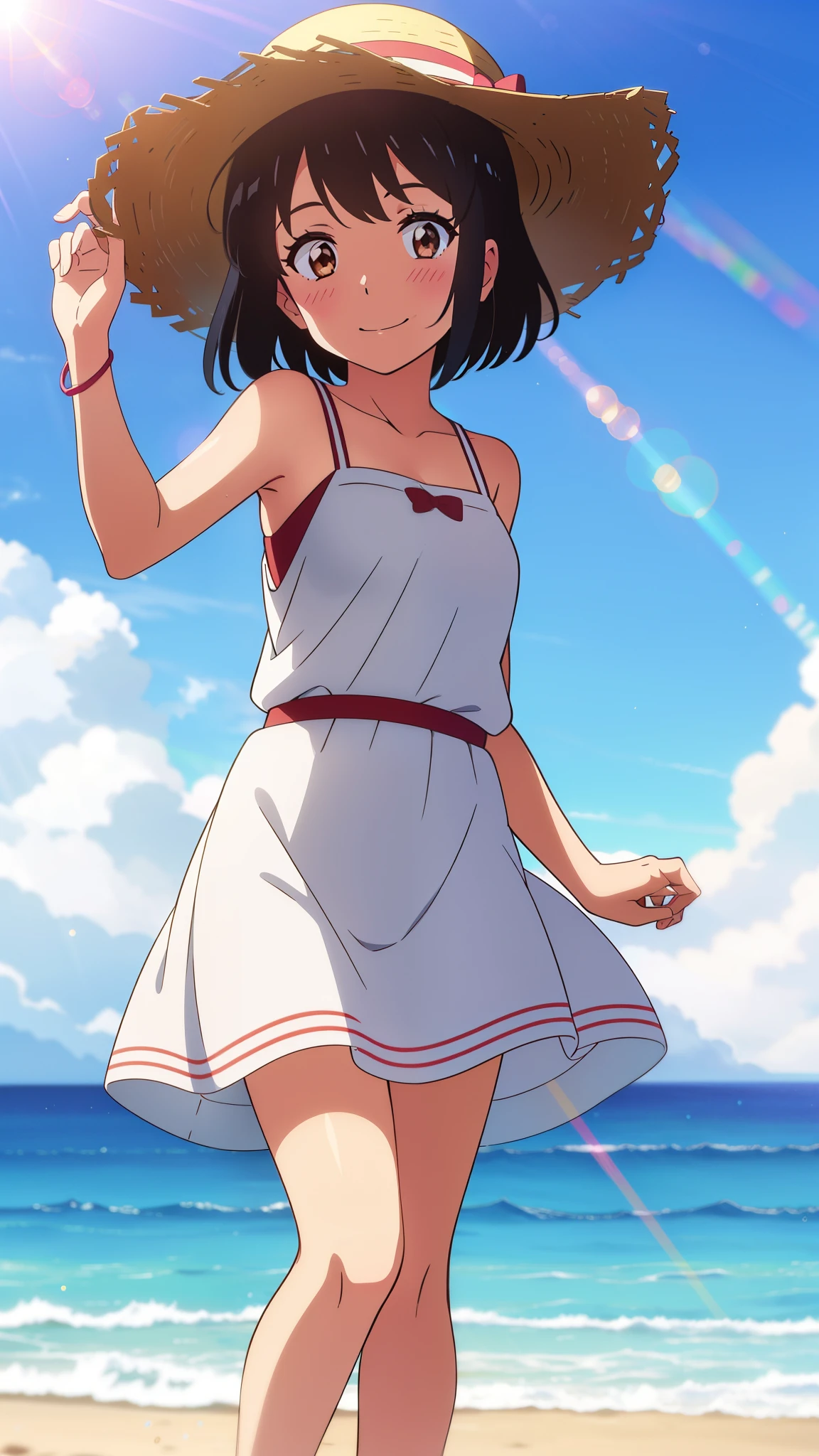 shinkai makoto, kimi no na wa., 1girl, bangs, black hair, blush, brown eyes, shiny skin, red headband, white dress, straw hat, short hair, smile, cute, solo, looking at viewer, happy, summer beach, cloudy, blue sky, sunlight, lens_flare, bright, Splash