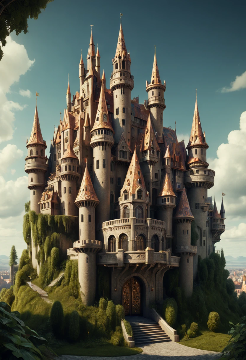 Art Deco, castle, by Vladyslav Yerko, octane render, fantasy art, whimsical, intricate, (best quality, masterpiece, Representative work, official art, Professional, 8k)