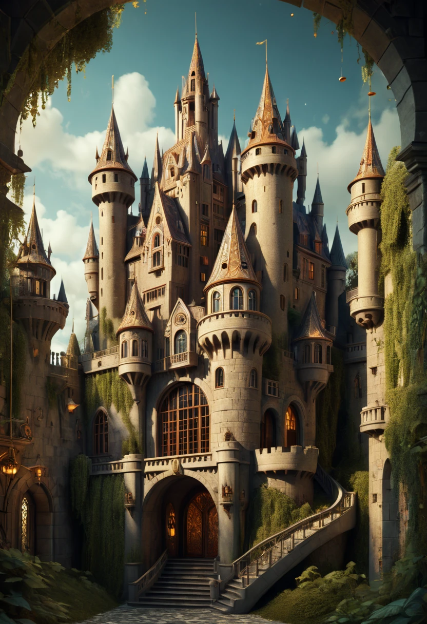 Art Deco, castle, by Vladyslav Yerko, octane render, fantasy art, whimsical, intricate, (best quality, masterpiece, Representative work, official art, Professional, 8k)
