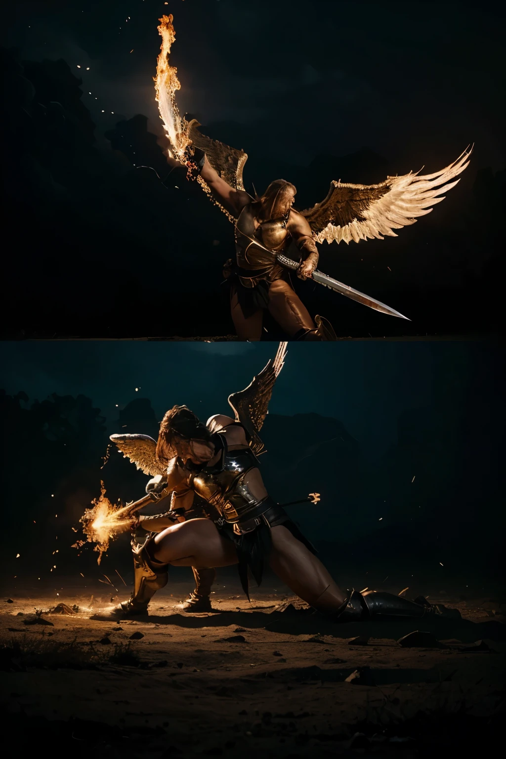 "Describe an epic battle scene where a radiant angel, wielding a flaming sword, engages in fierce combat against a horde of dark angels. Capture the intensity of the celestial clash, the vivid contrast between the angelic beings, and the dynamic movements as they clash in a celestial battlefield. Explore the emotions, the play of light and shadow, and the overall atmosphere of this otherworldly confrontation."
