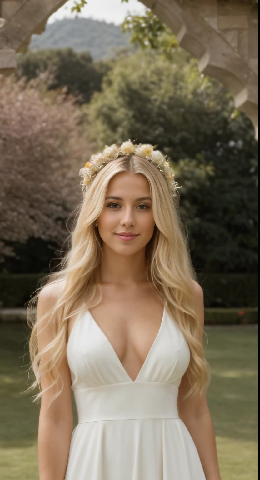 A 23-year-old blonde woman, ((pechos grandes)), ((hiperrealismo)) ,. blonde hair with light brown roots. cabello rubio, Hair with brown roots, cabello extra largo, cabello muy largo, really long hair, Beautiful, Front view, selfie, photo taken with iPhone, elegant red dress with escote, escotada, selfie in the rose garden, high quality, selfie iPhone, cleavage