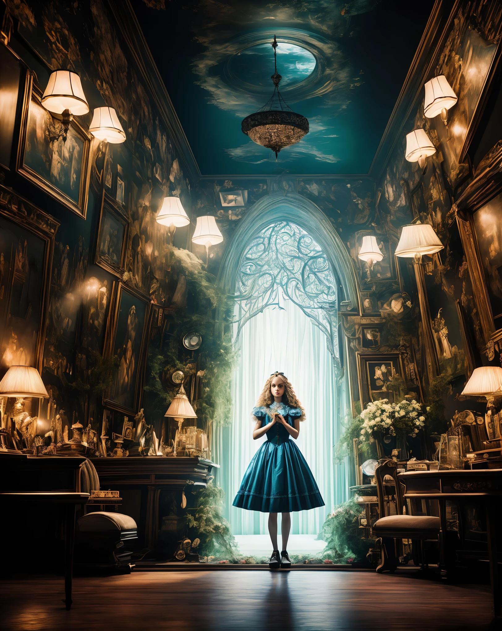 A mesmerizing photorealistic photograph featuring Alice from "Alice's Adventures in Wonderland" in an incredibly tiny room, evoking a sense of surrealism and wonder. The room is so minuscule that Alice appears colossal, with her head almost touching the ceiling. The fisheye lens distortion adds a unique visual effect, enhancing the distorted perspective and emphasizing Alice's immense size. Inspired by the iconic style of Alfred Hitchcock's movie posters, the lighting in the photograph creates dramatic shadows and highlights, intensifying the overall atmosphere. In a departure from her usual innocence, Alice is portrayed holding a knife, symbolizing her readiness to defend herself against potential threats that may dwell in this peculiar room. The combination of the whimsical world of Wonderland and the suspenseful ambiance of Hitchcock's movie posters results in a captivating and unsettling composition, provoking a sense of curiosity and intrigue