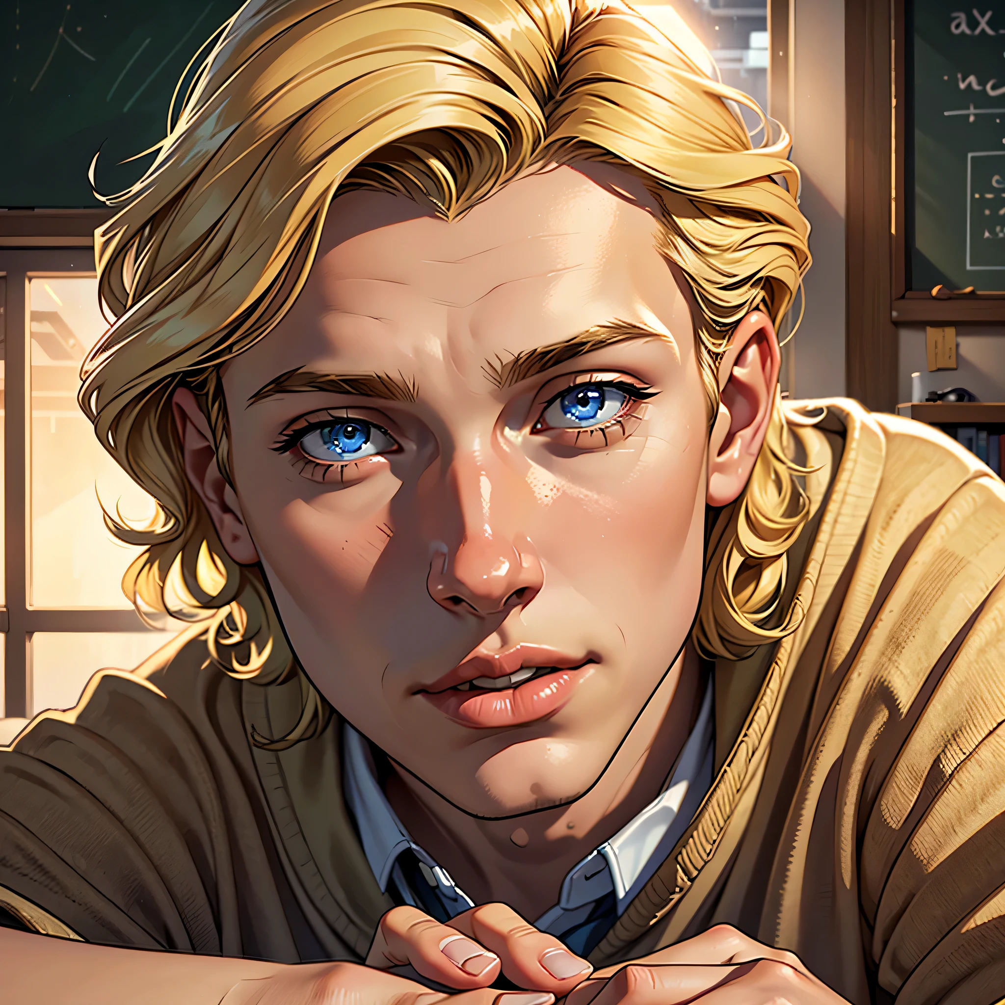 (melhor qualidade, realista, macho), 15 anos, (1 menino), olhos detalhados, Detailed lips, Blonde cabelo, cabelo, nerd, escola ,ambiente aconchegante, soft lighting, ambiente calmo, macho