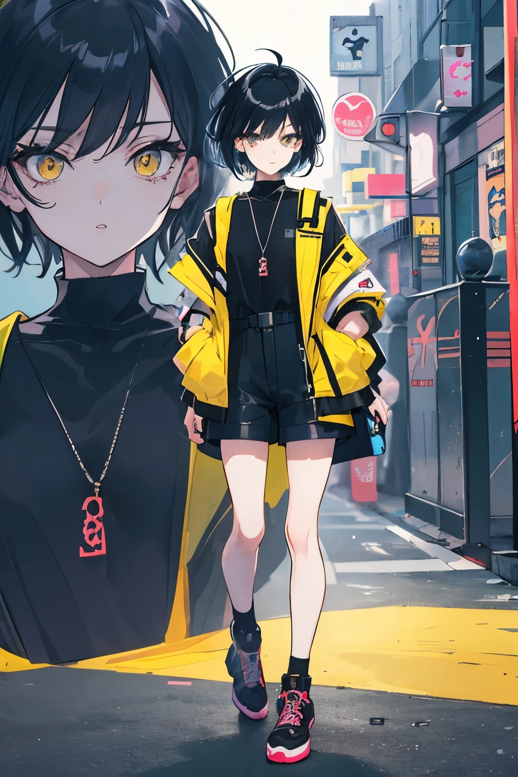 ((best quality)), perfect face, anime 90s retro style, grunge, tokyo city, cartoon,illustration,grunge, neon eyes, woman, tomboy haircut, very short hair, black hair, dark energy,emo clothes style,almond eyes, boy haircut, yellow vest clothes, night,(zoom out), emo style clothes, full body, tall girl, layered hair