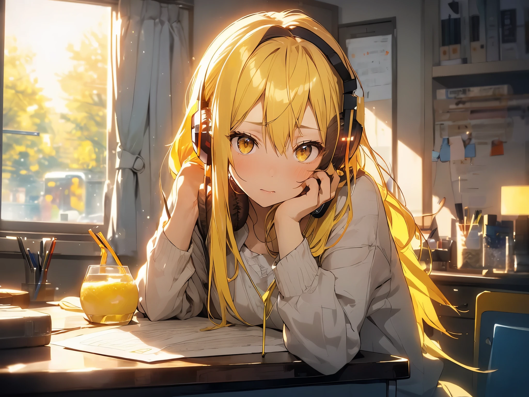 At night, the neon lights on the windowsills shine.、(((Woman living alone is studying at desk on left side wearing headphones))),in the corner of the room, There was no one but her、Neon lights illuminate the room in a fantastical way。color is yellow,A girl with eyes more beautiful than the sky is staring at me from the side..anime style, Movie Portrait Photography, (((1 female))), 22 years old, Esbian, small and poor chest, Get angry、lemon、((bright yellow hair)), long hair, ((red eyes)), amber eyes、Red beautiful eyes, (natural skin texture 鮮やかなディテール, surreal, (realistic detailed eyes, natural skin texture, realistic facial details), soft and dramatic lighting, ((lemonがテーマ))